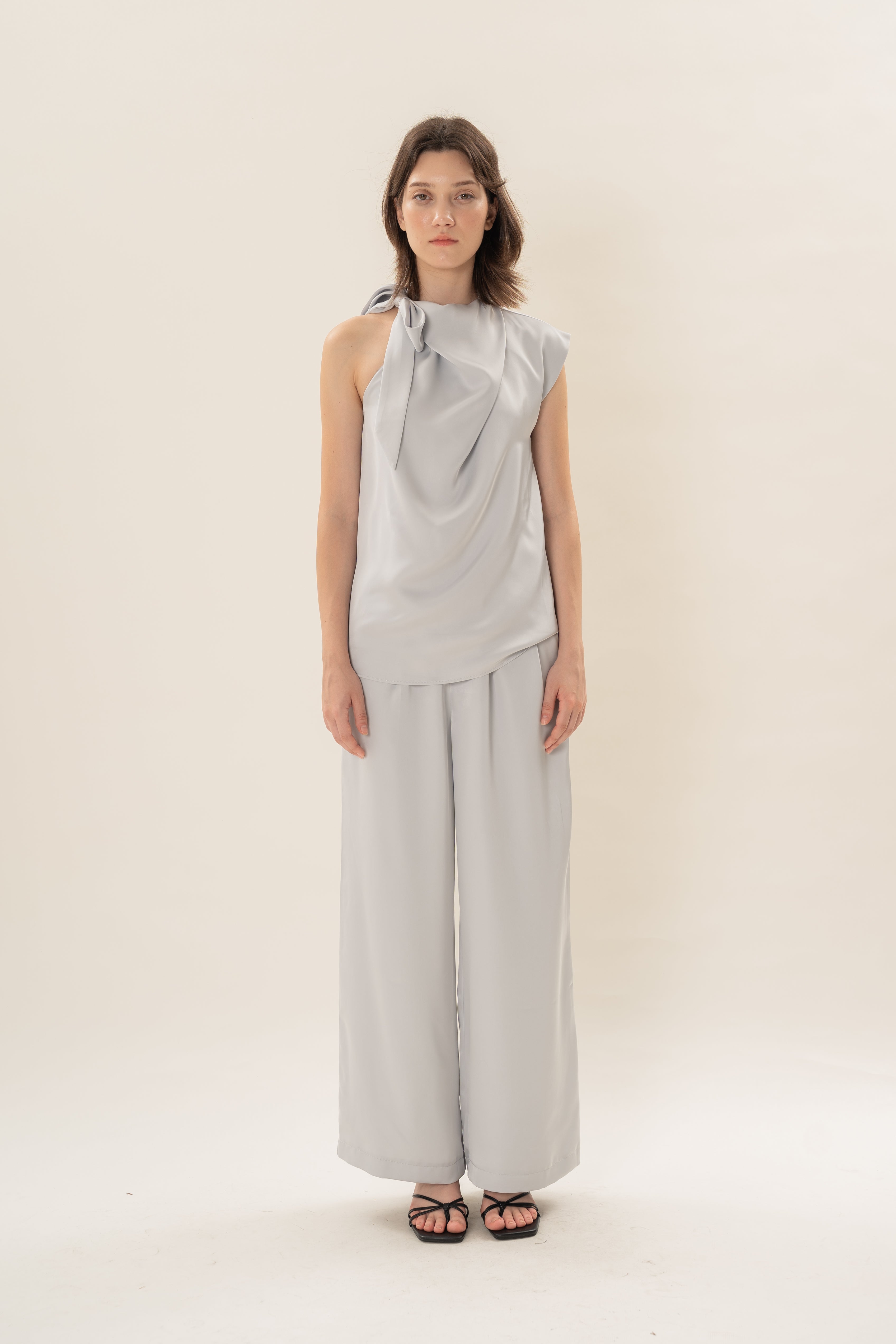 Satin Sash Neck Top in Muted Blue