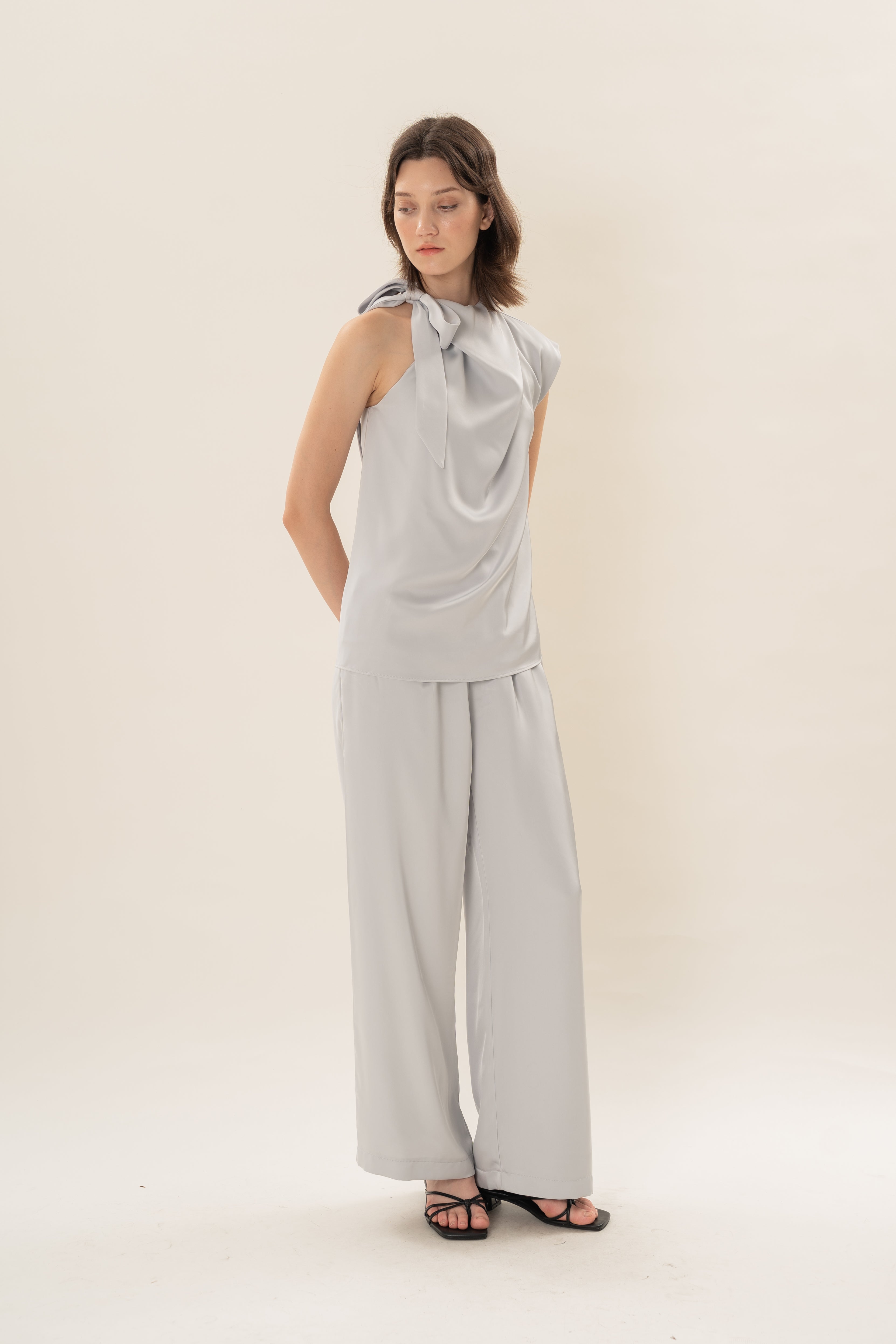 Satin Sash Neck Top in Muted Blue