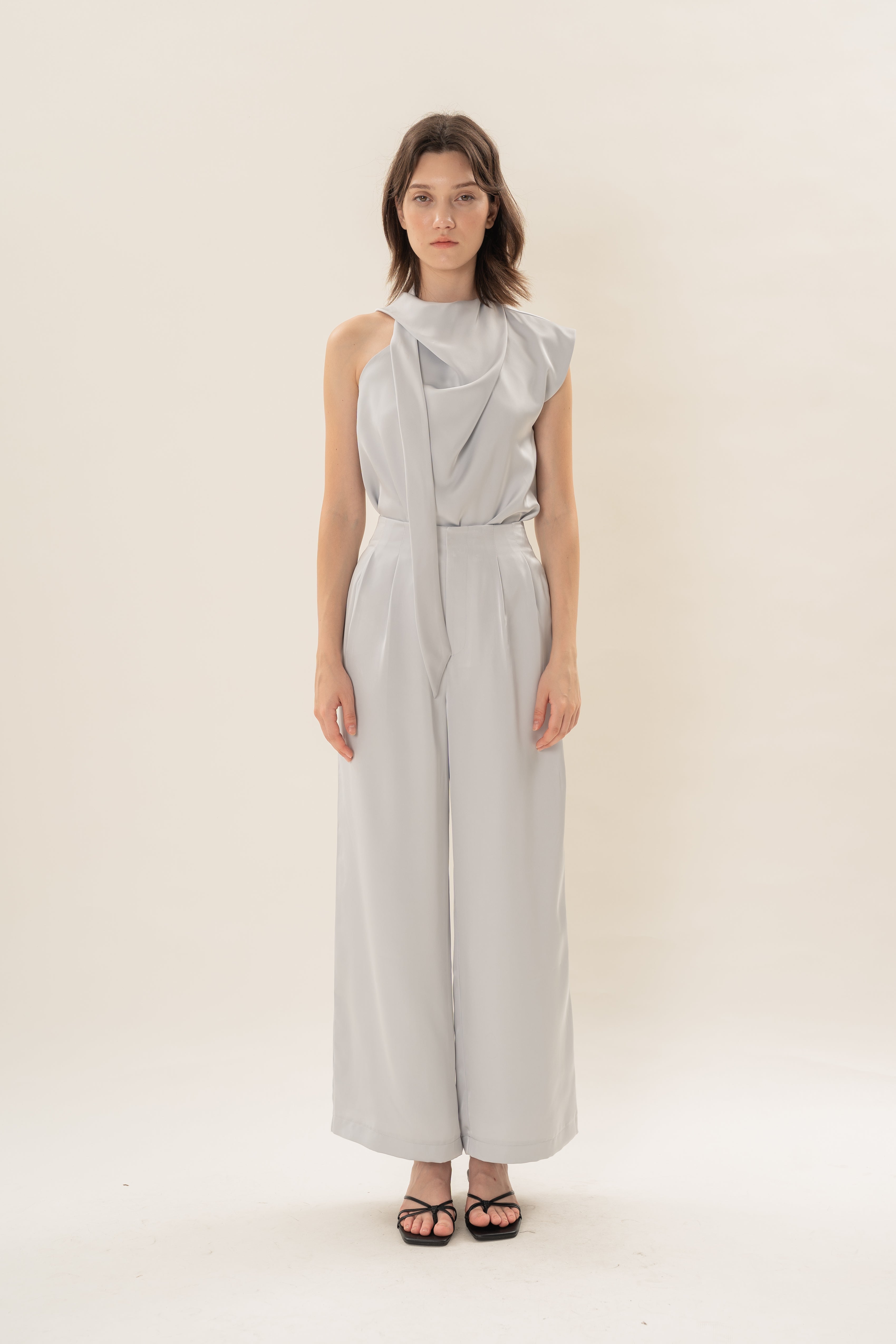 Satin Sash Neck Top in Muted Blue