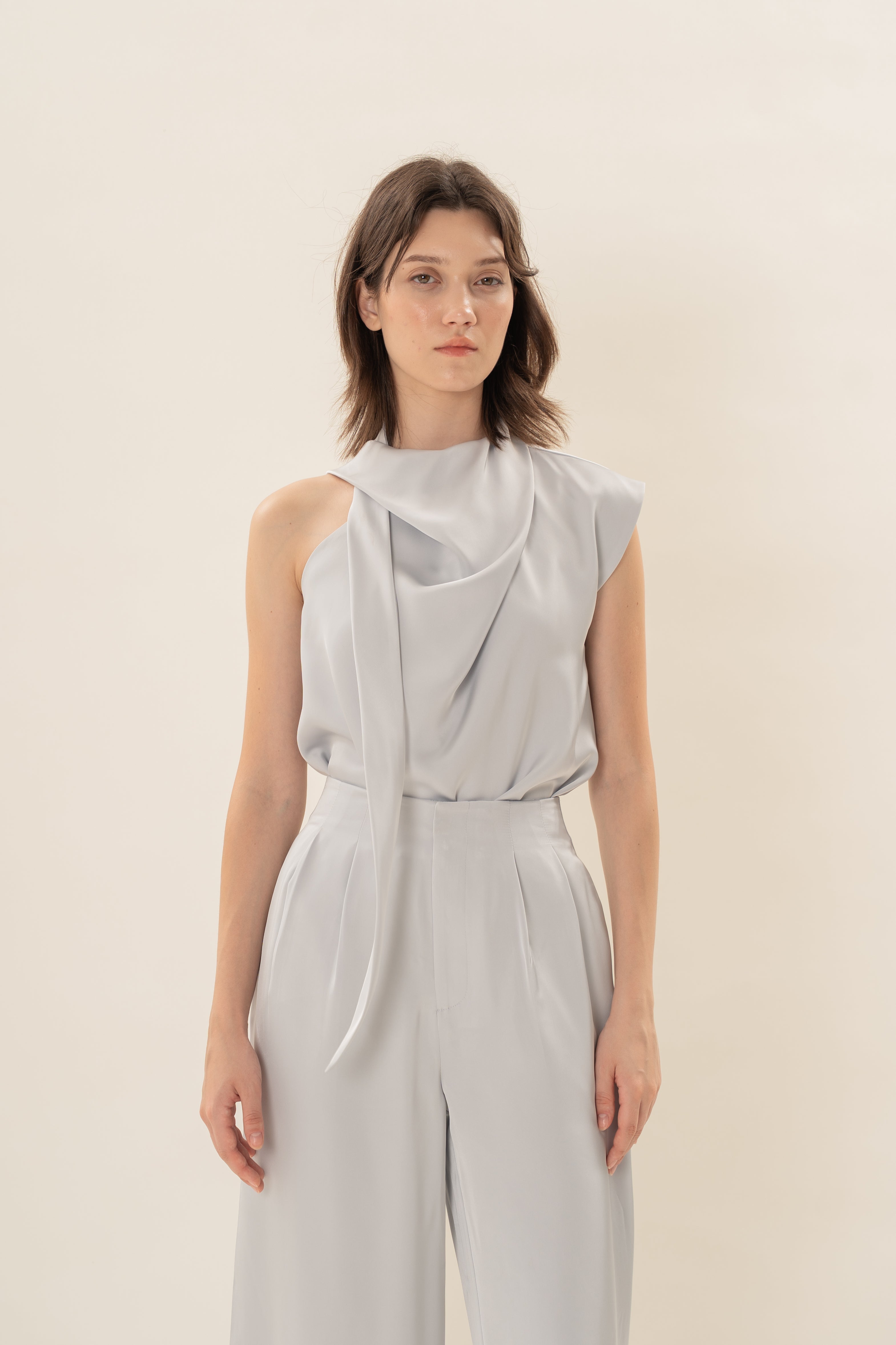 Satin Sash Neck Top in Muted Blue