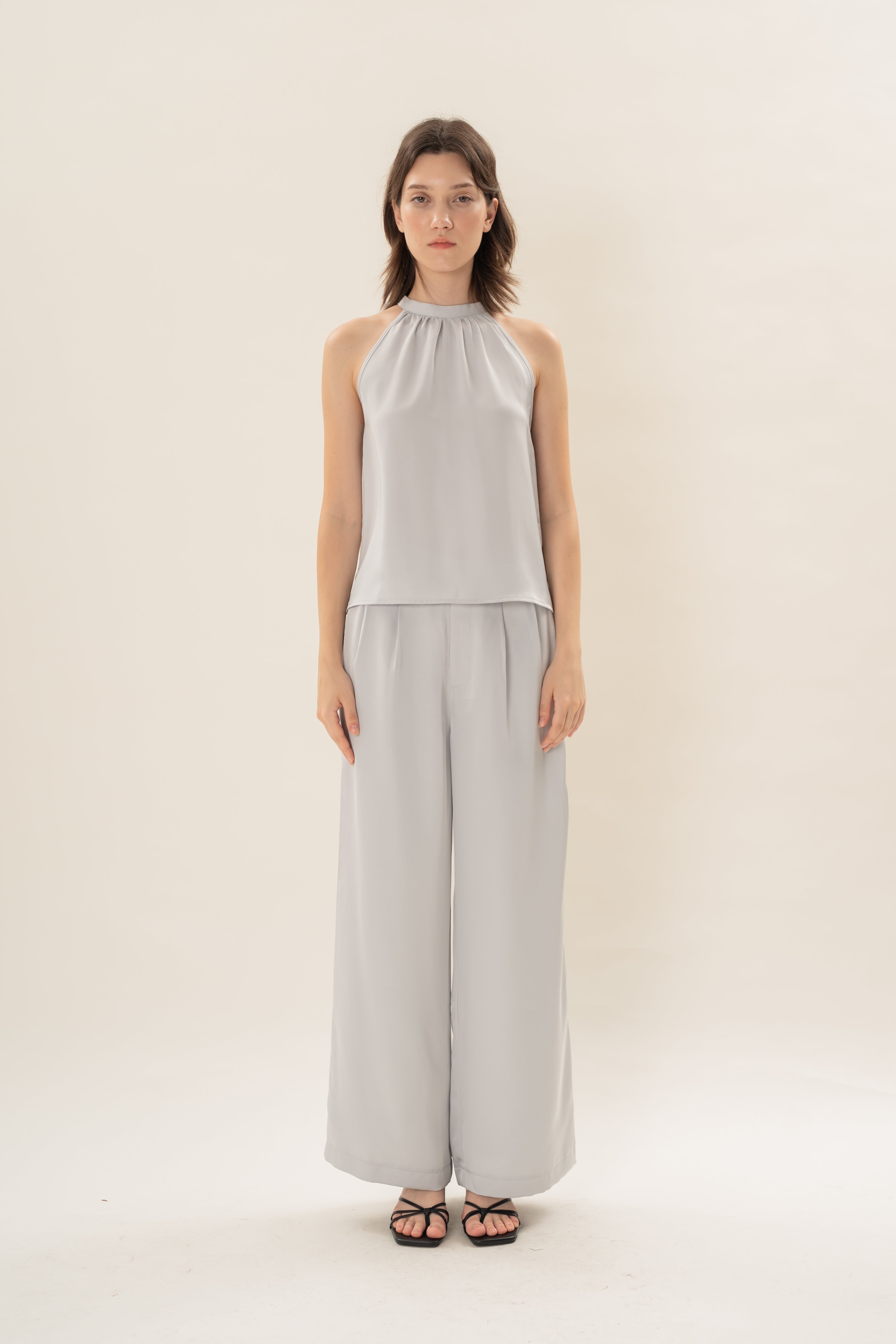 Satin Tie Back Halter Top in Muted Blue