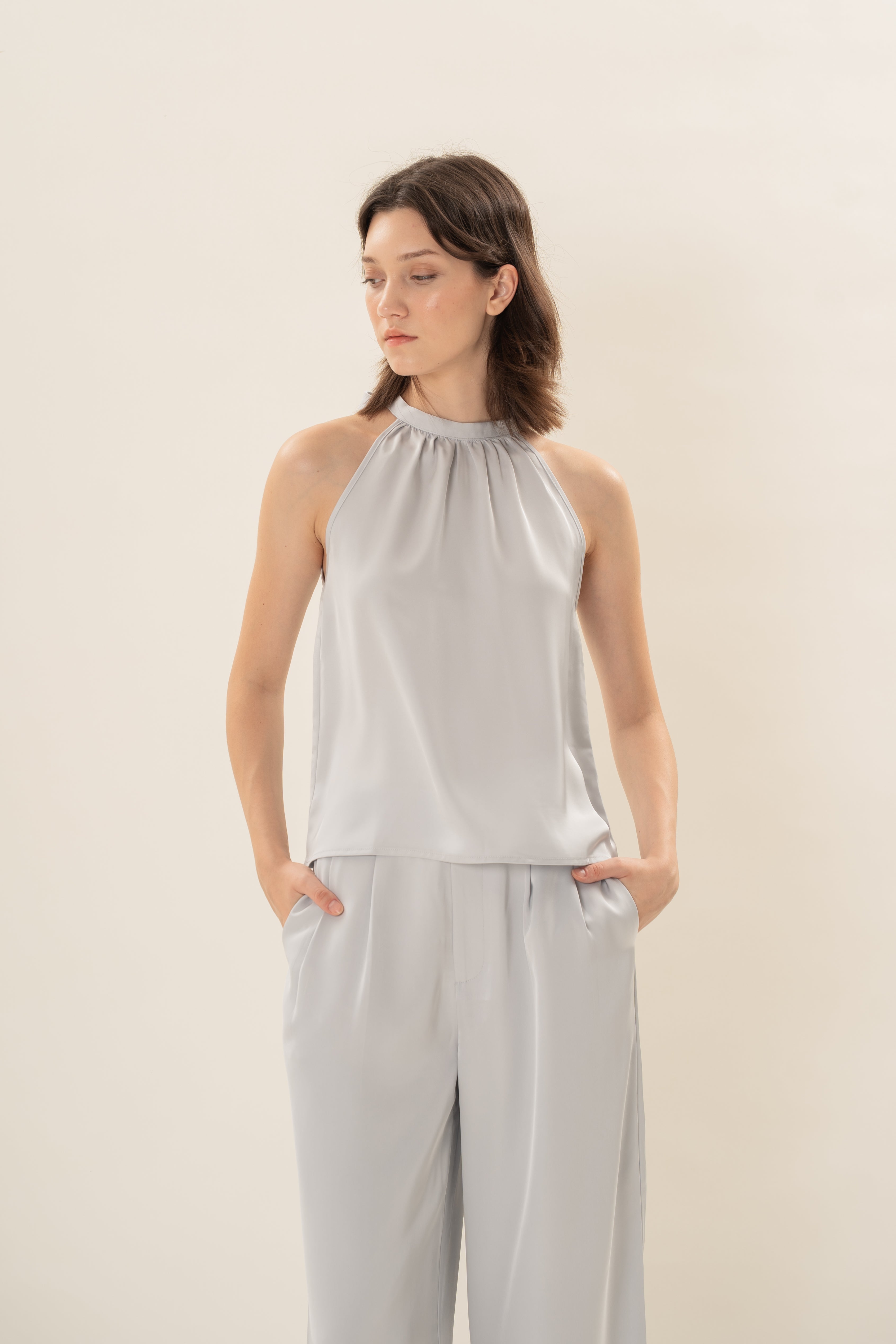 Satin Tie Back Halter Top in Muted Blue