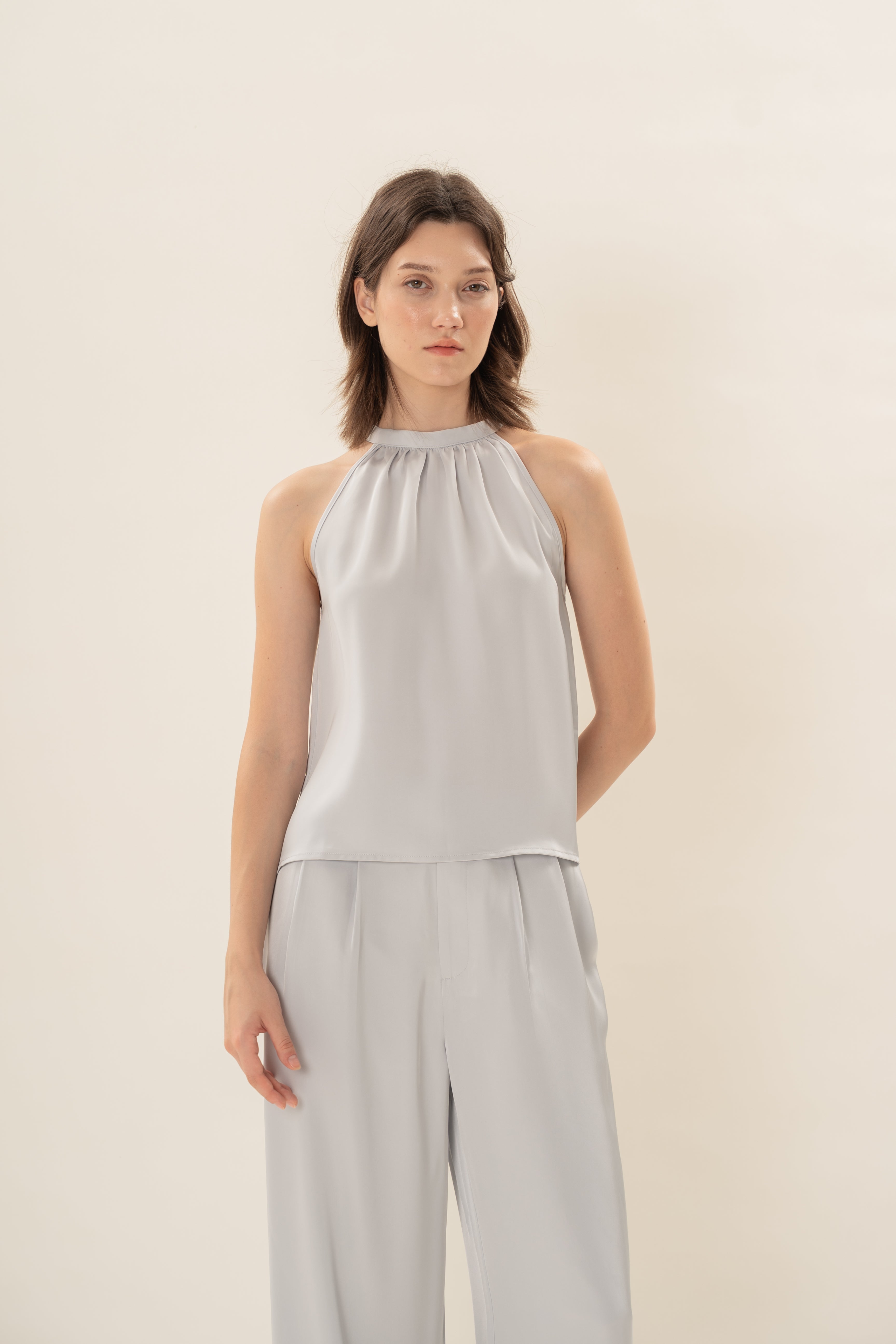 Satin Tie Back Halter Top in Muted Blue
