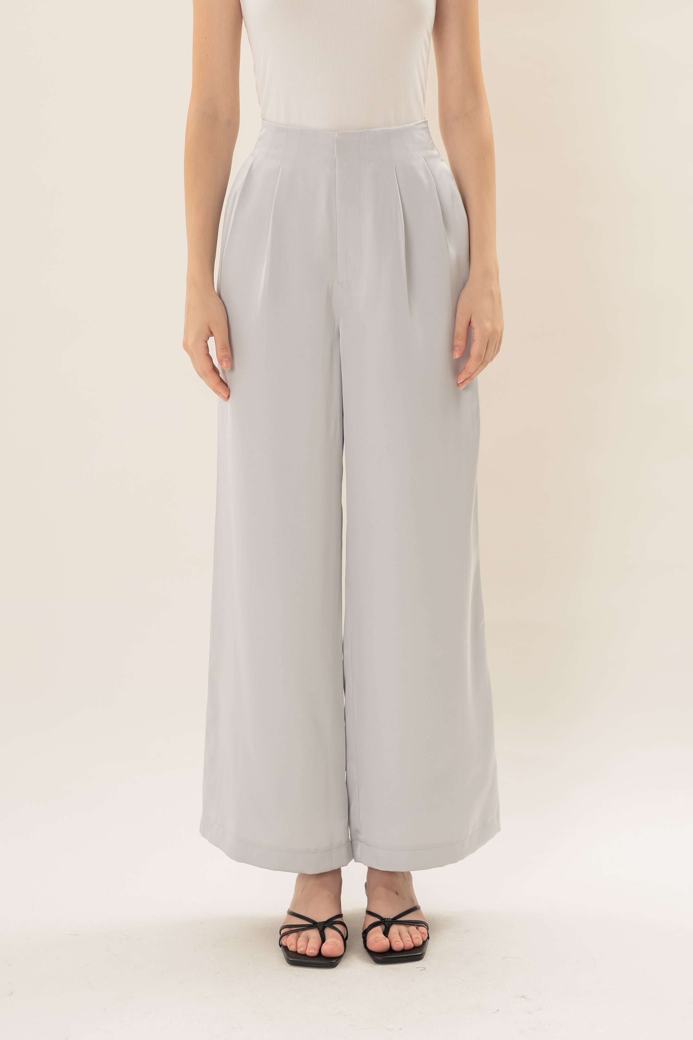 Pleated Satin Pants in Muted Blue