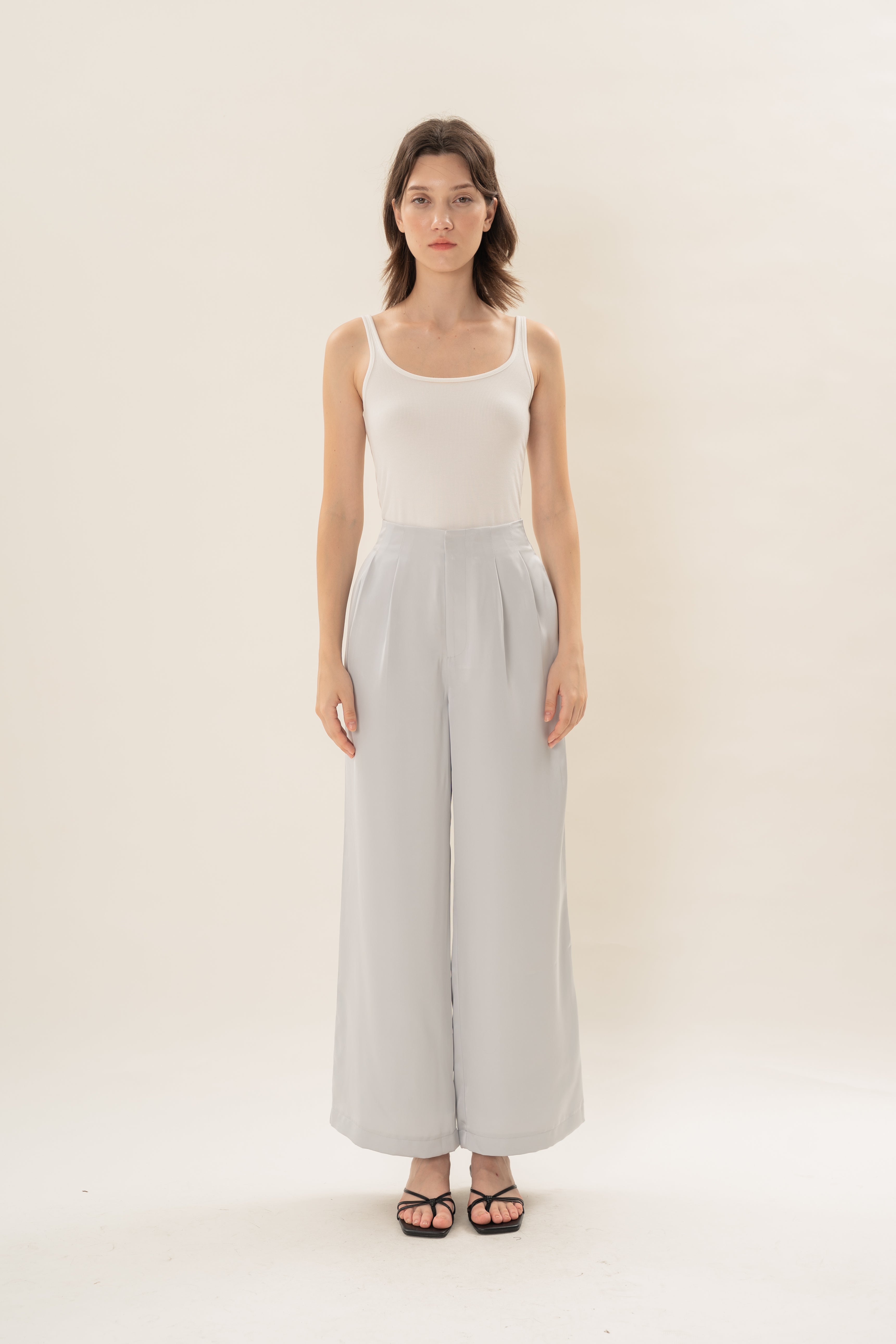 Pleated Satin Pants in Muted Blue