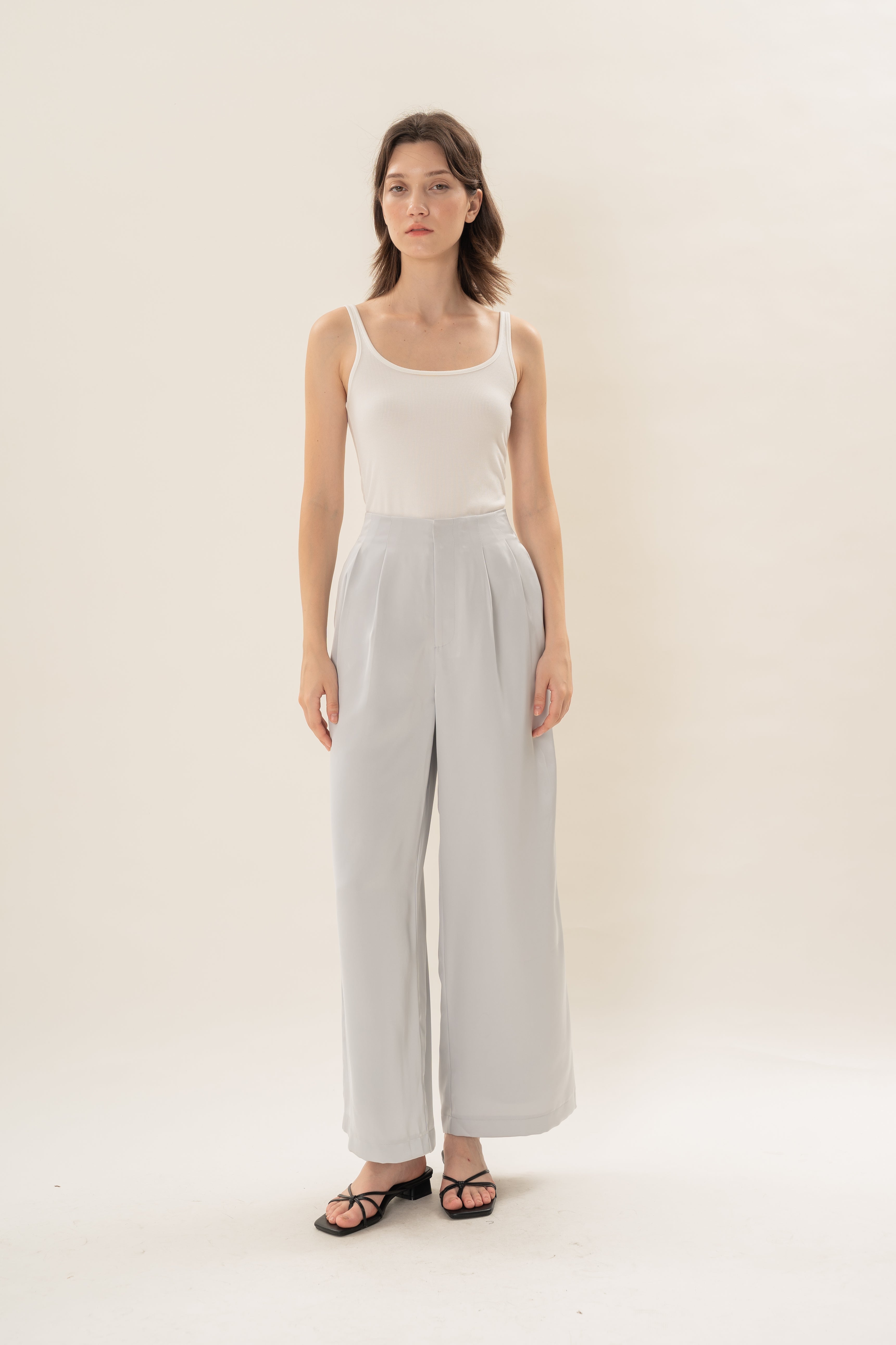Pleated Satin Pants in Muted Blue