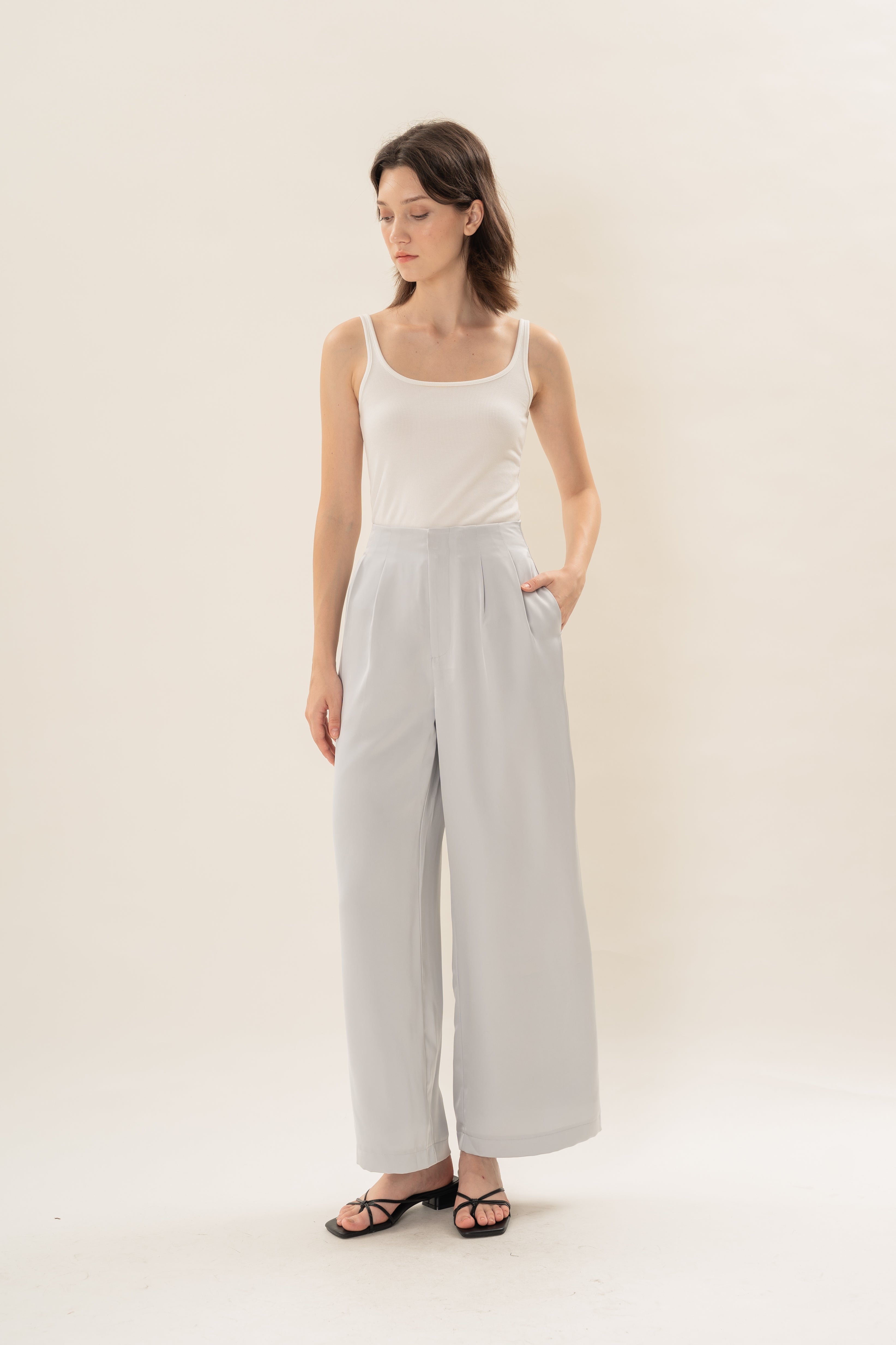 Pleated Satin Pants in Muted Blue