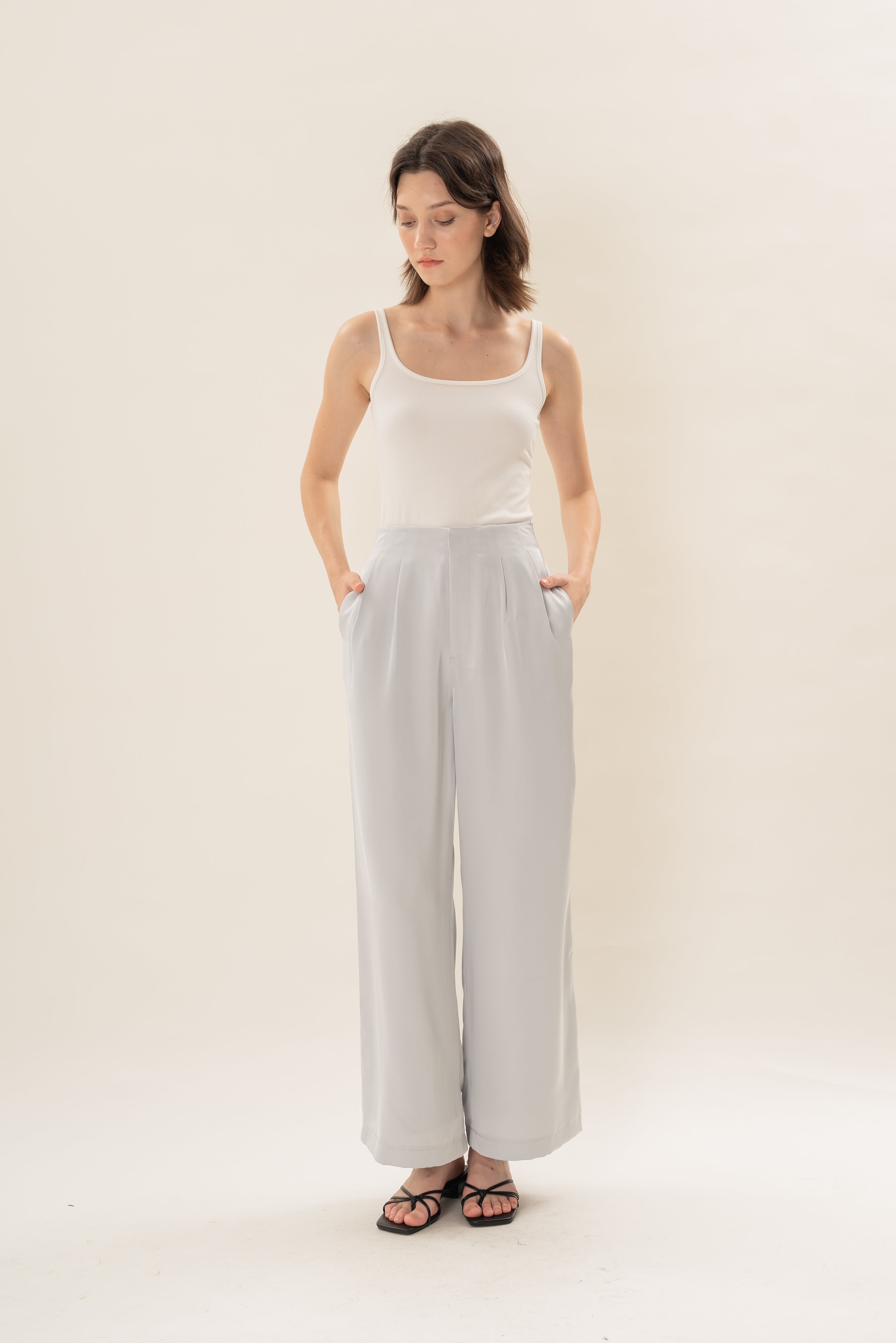 Pleated Satin Pants in Muted Blue