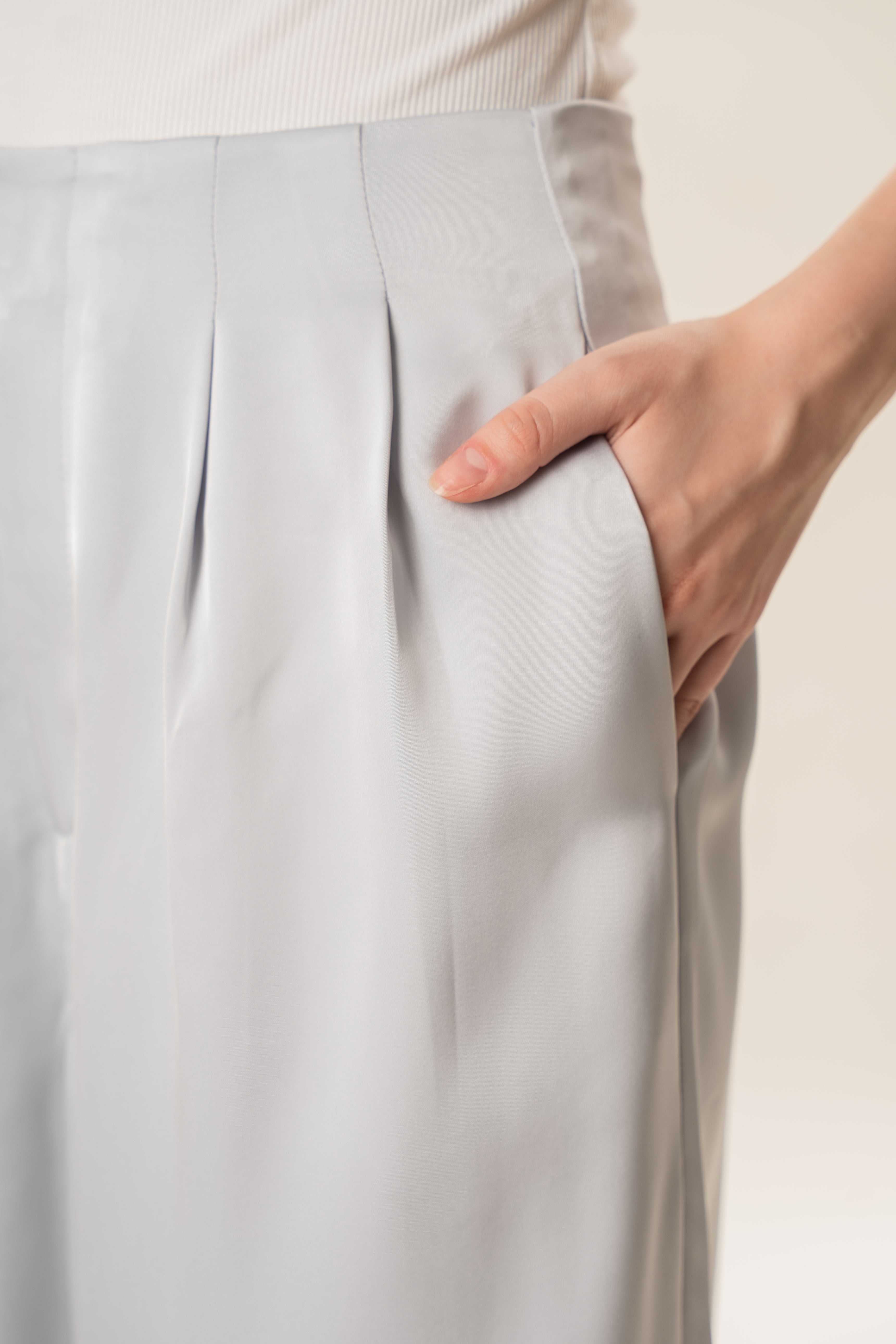 Pleated Satin Pants in Muted Blue