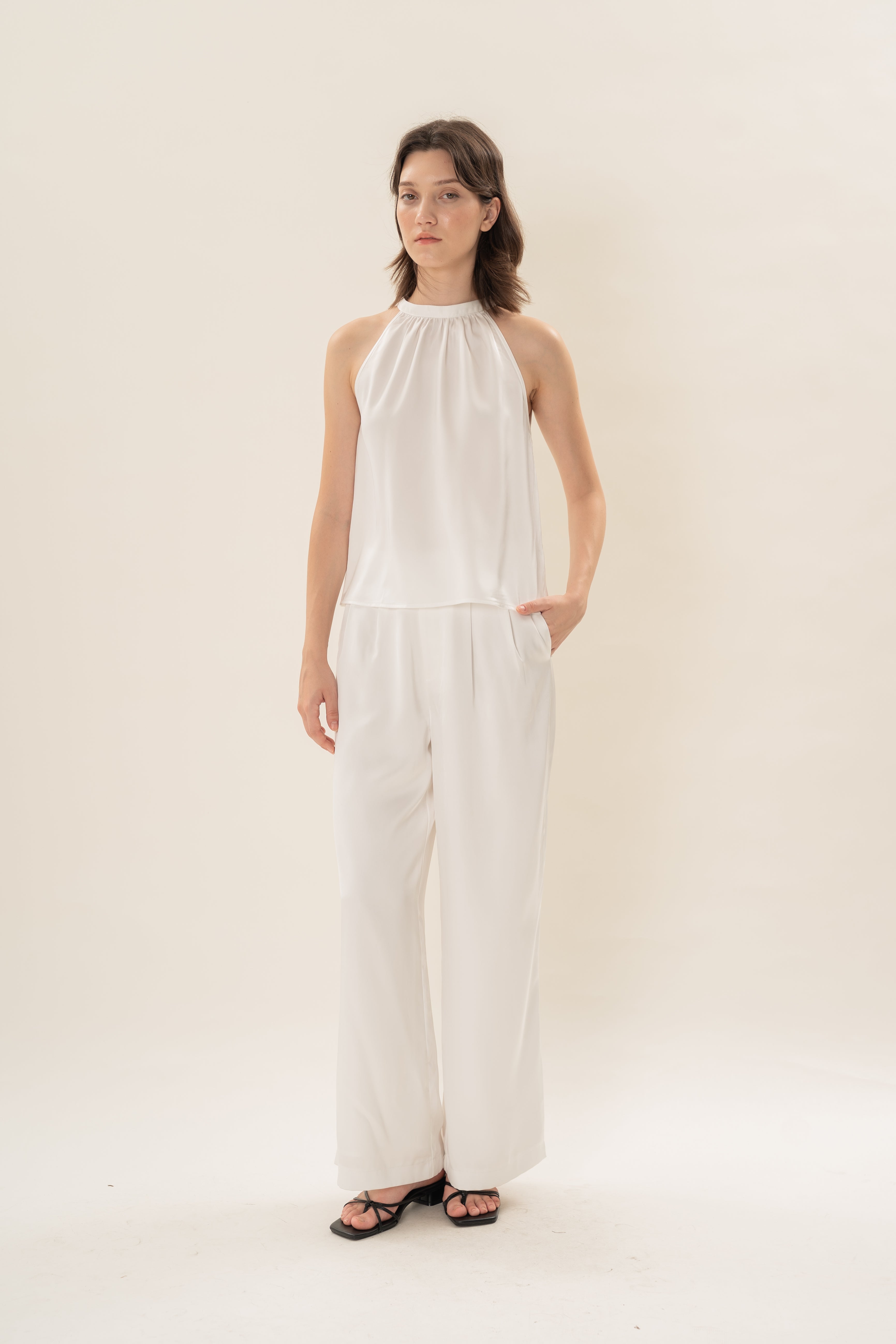 Satin Tie Back Halter Top in White