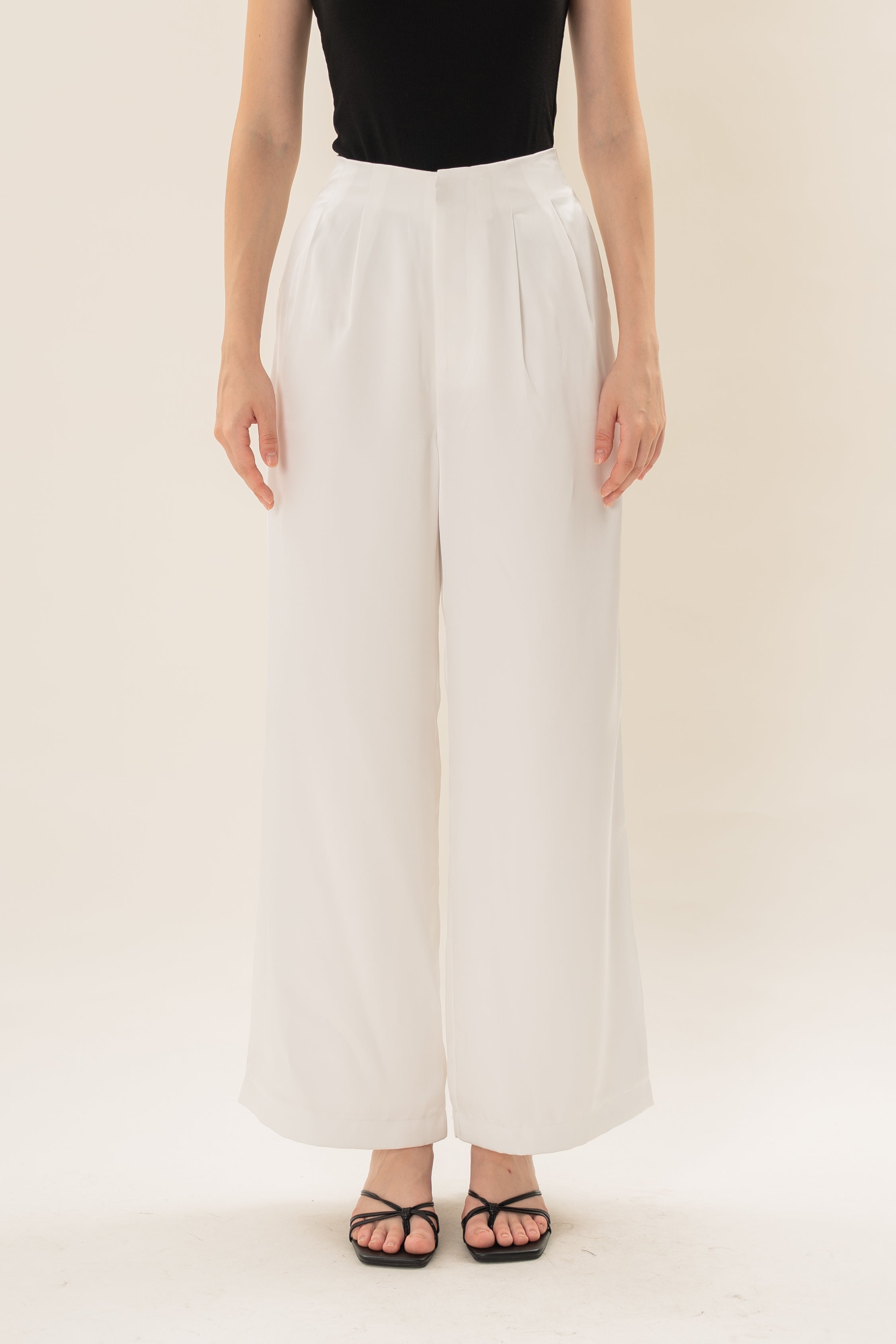 Pleated Satin Pants in White