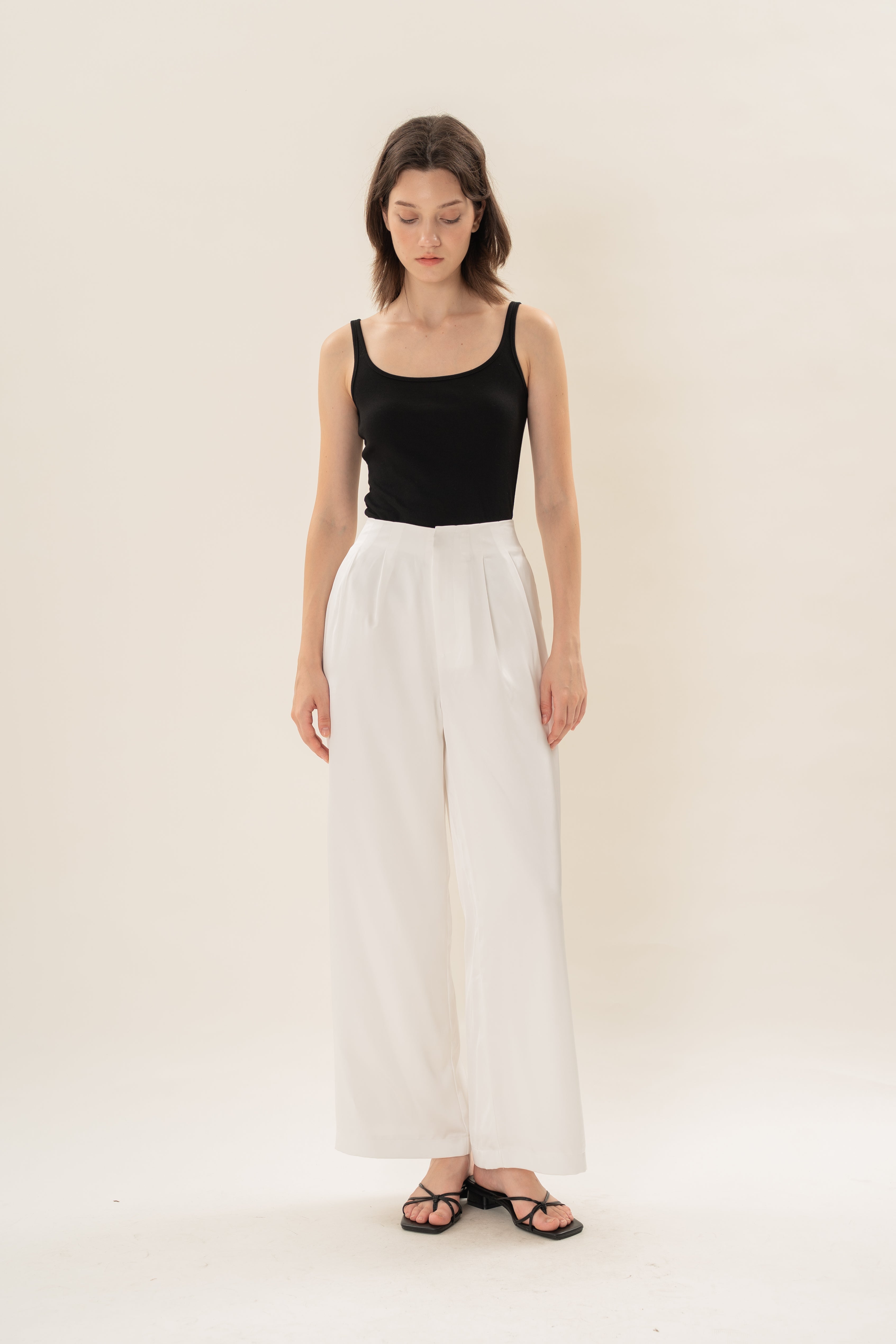 Pleated Satin Pants in White