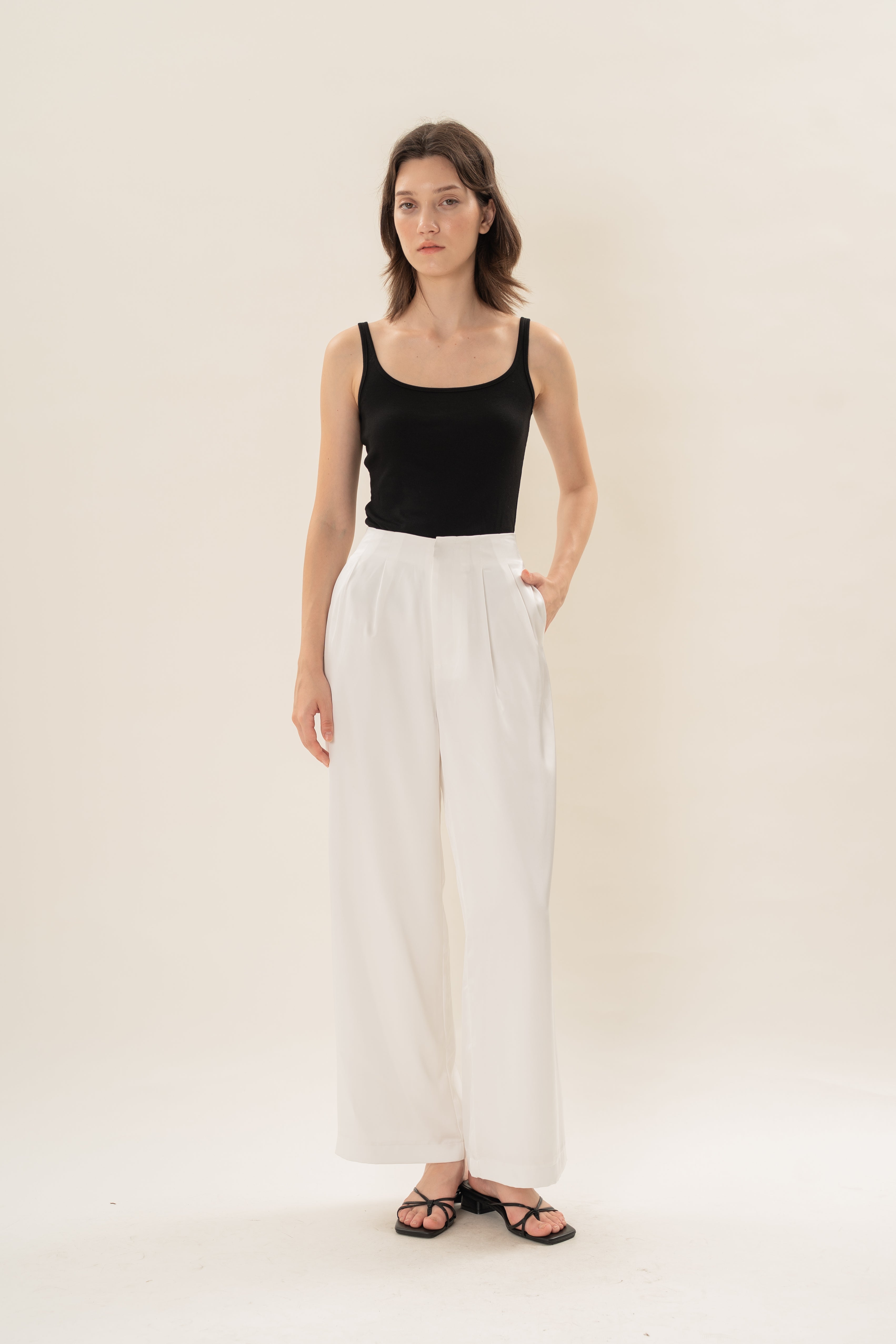 Pleated Satin Pants in White