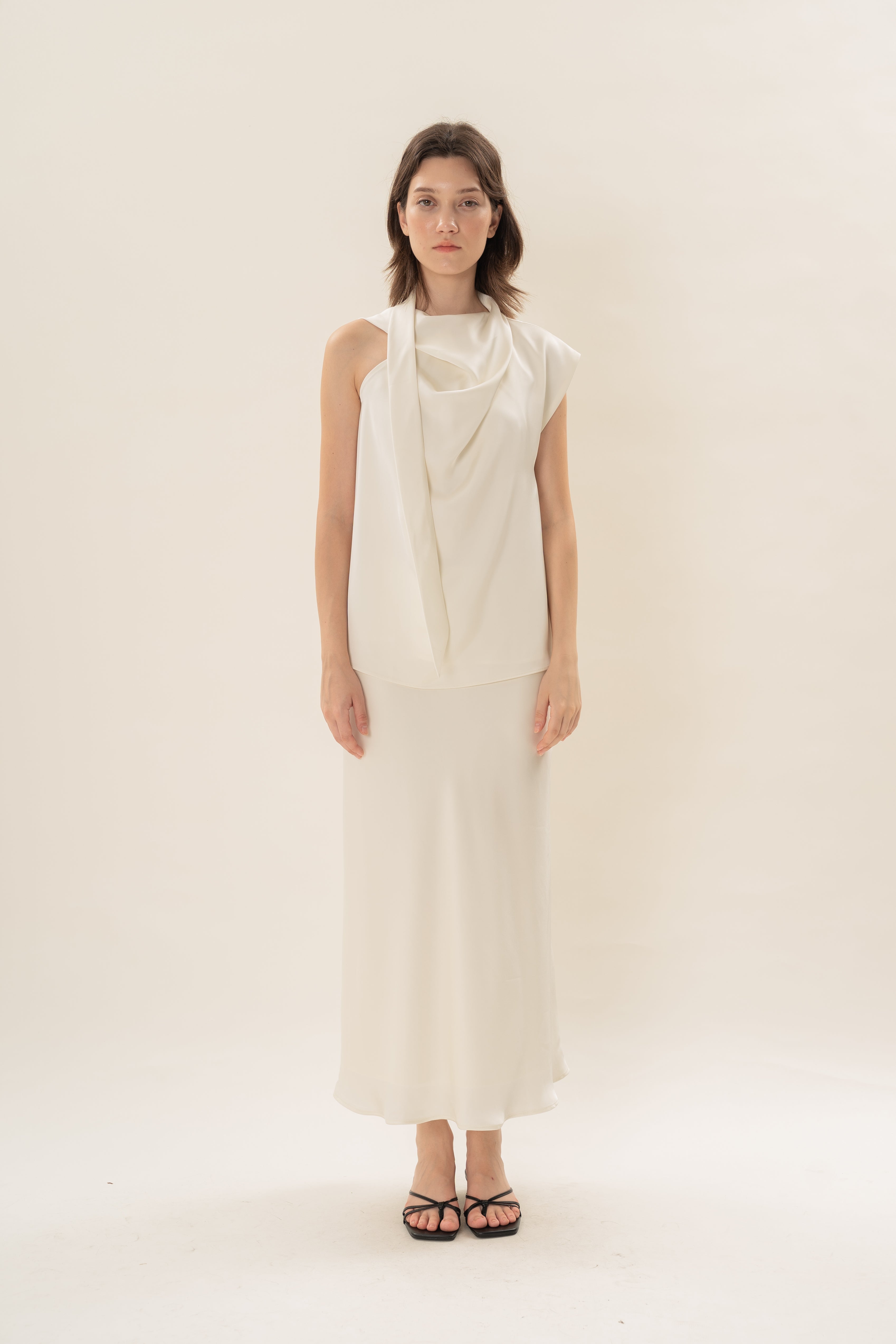 Satin Sash Neck Top in Natural