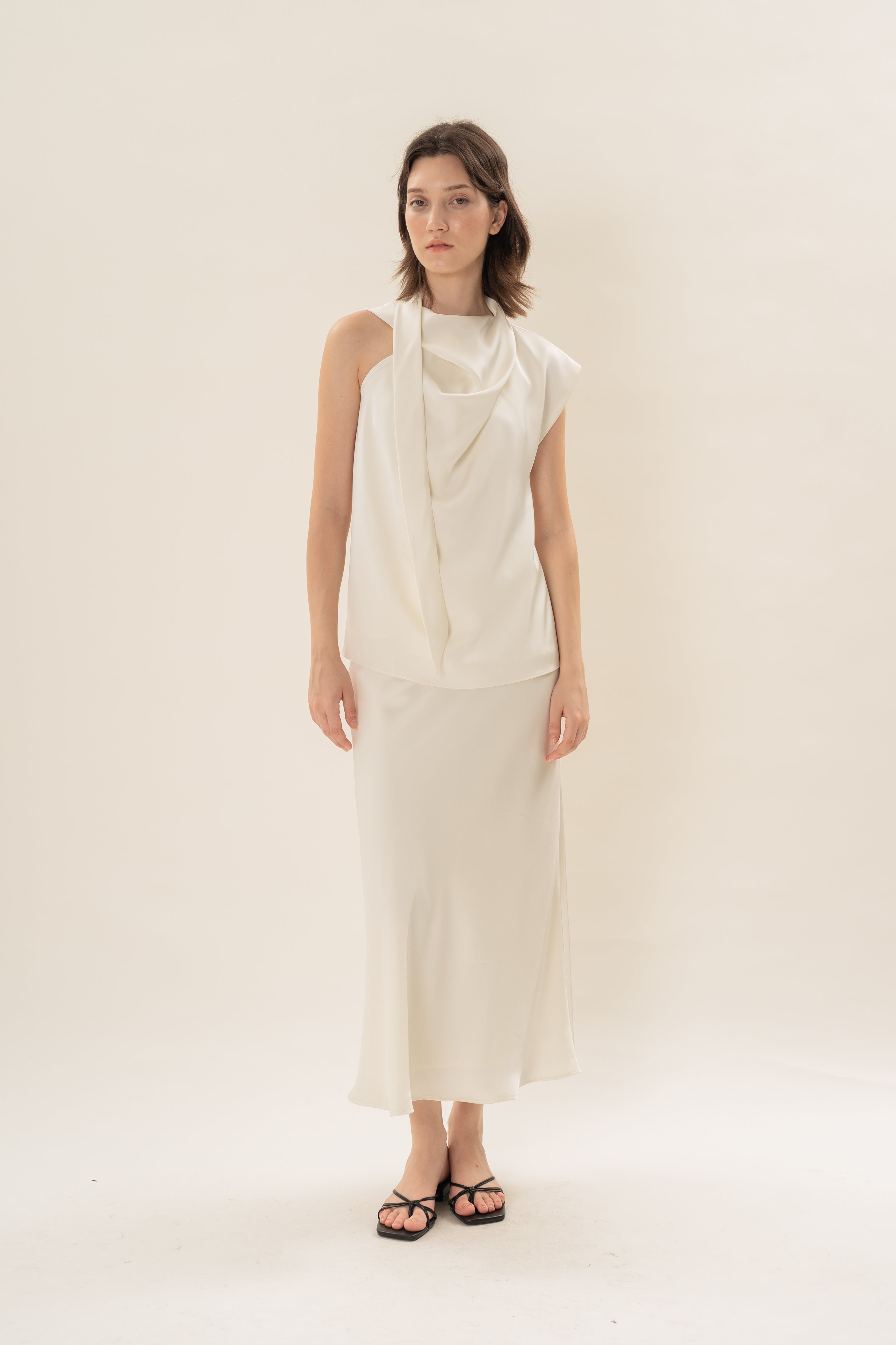 Satin Sash Neck Top in Natural