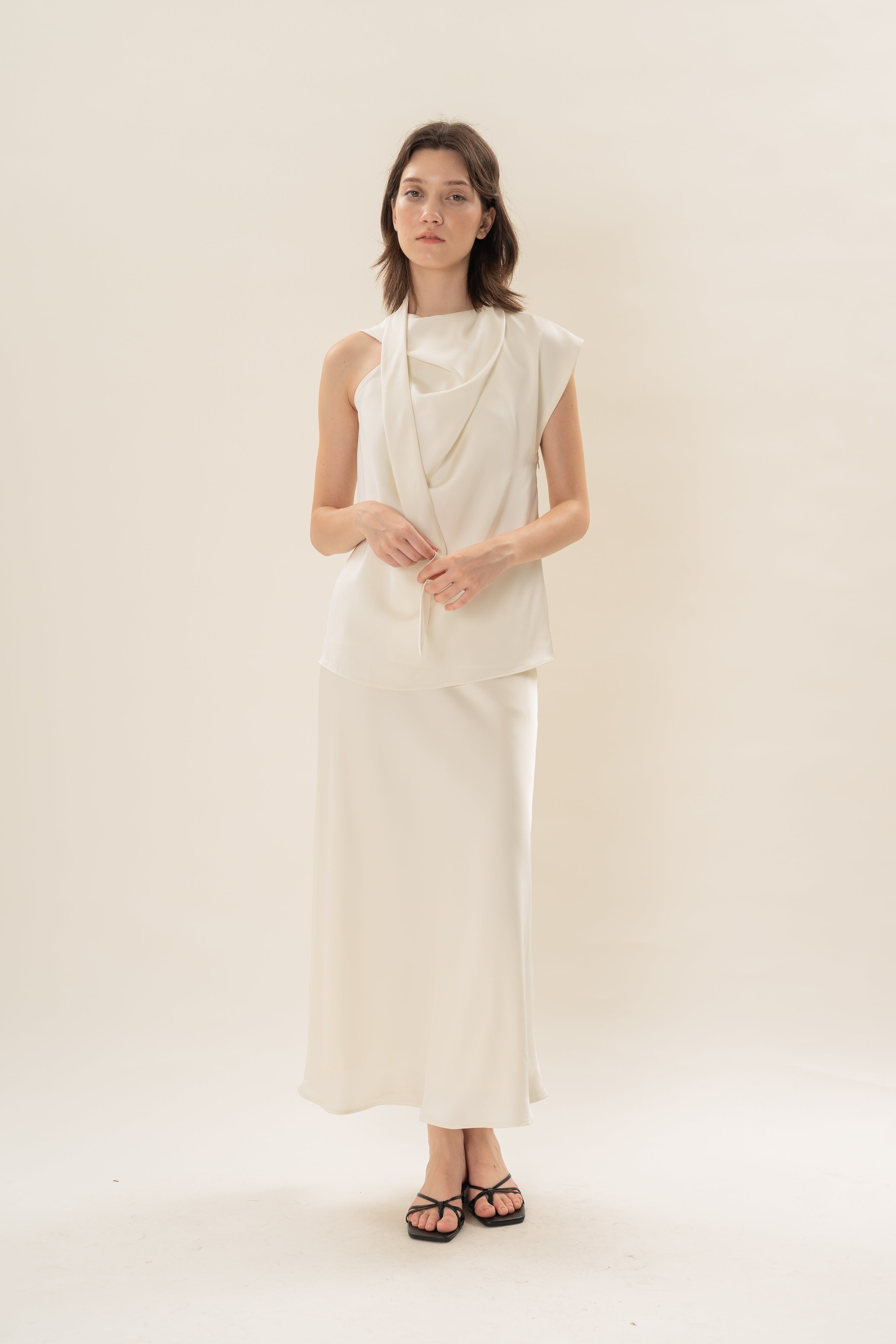 Satin Sash Neck Top in Natural