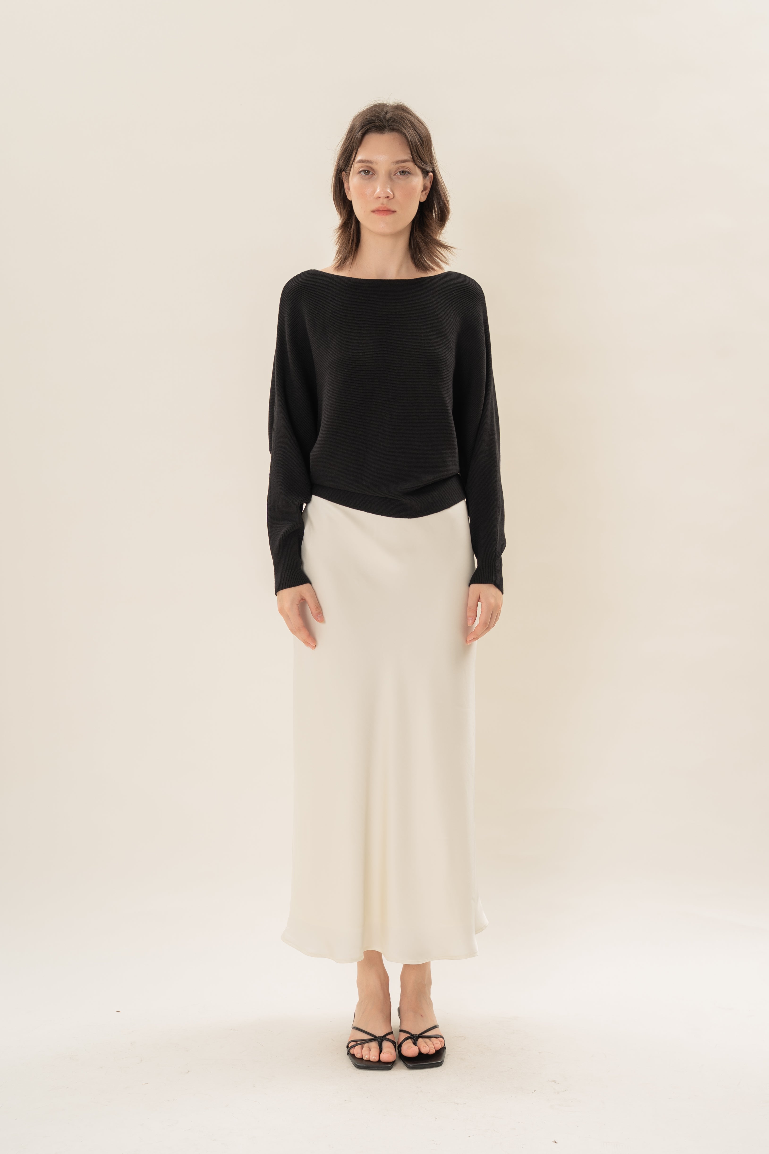 Satin Midi Slip Skirt in Natural