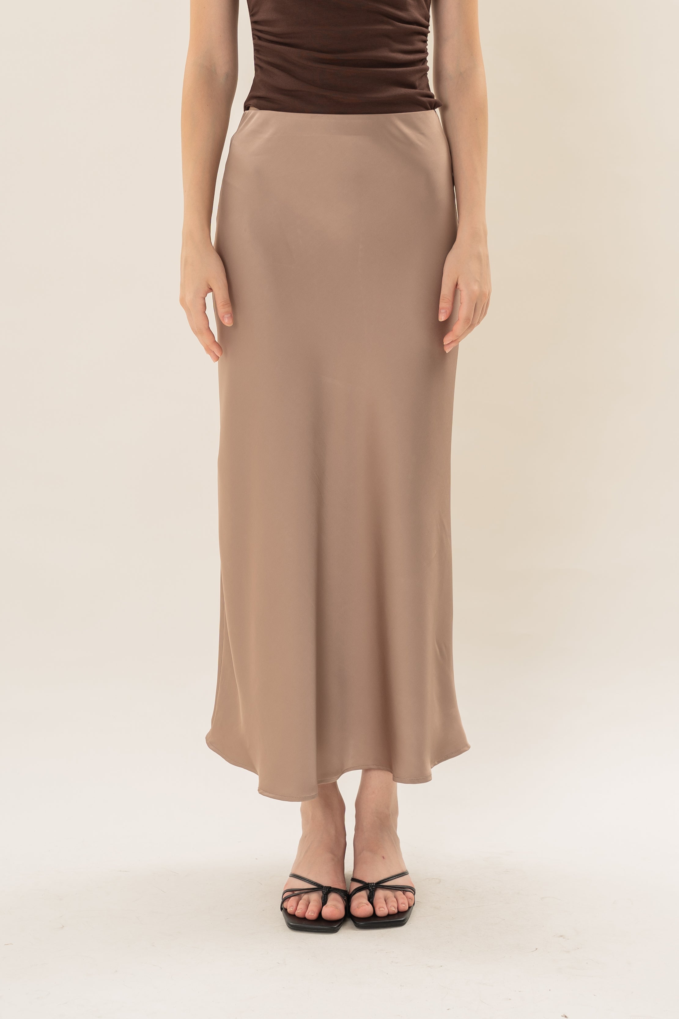 Satin Midi Slip Skirt in Brown