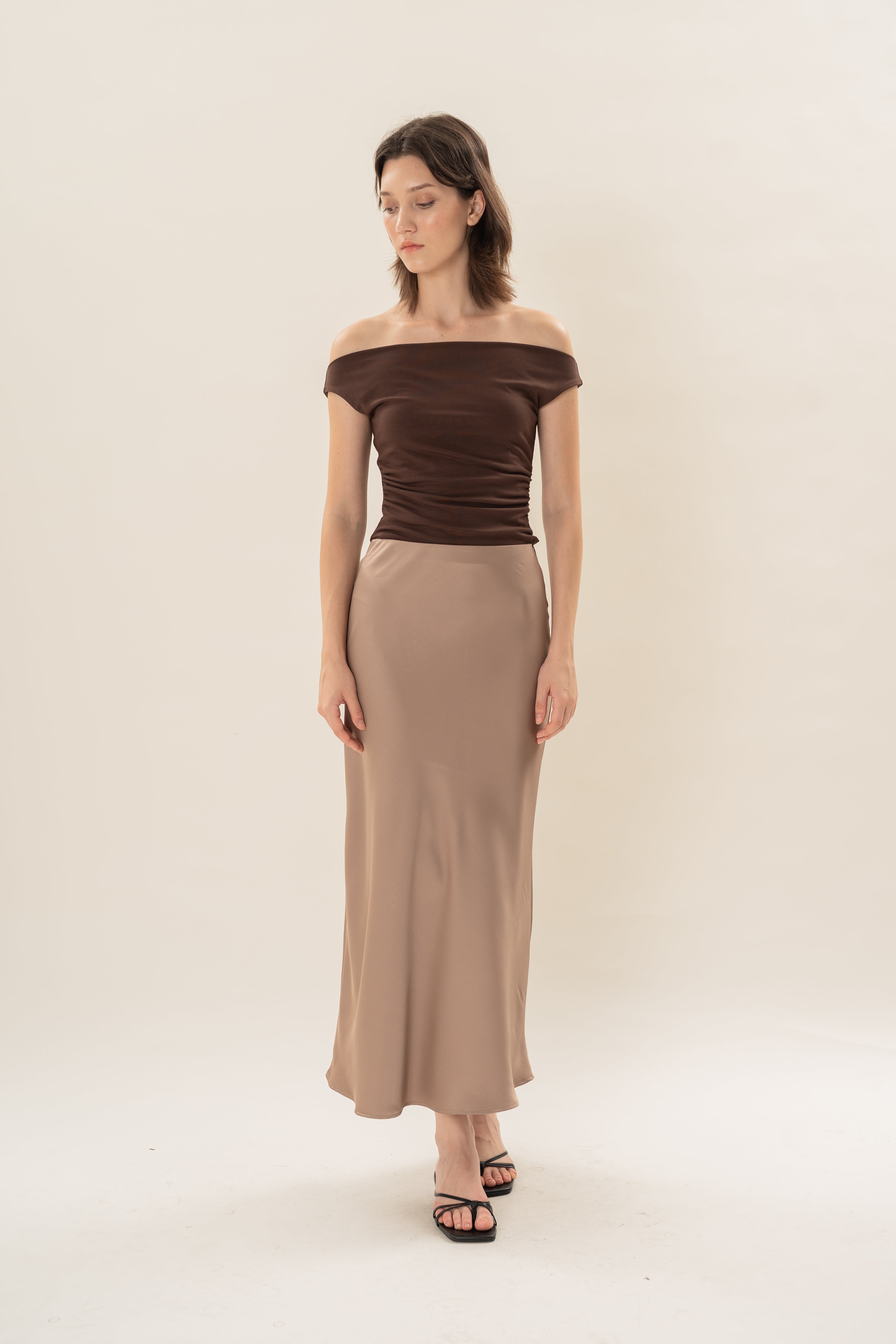 Satin Midi Slip Skirt in Brown