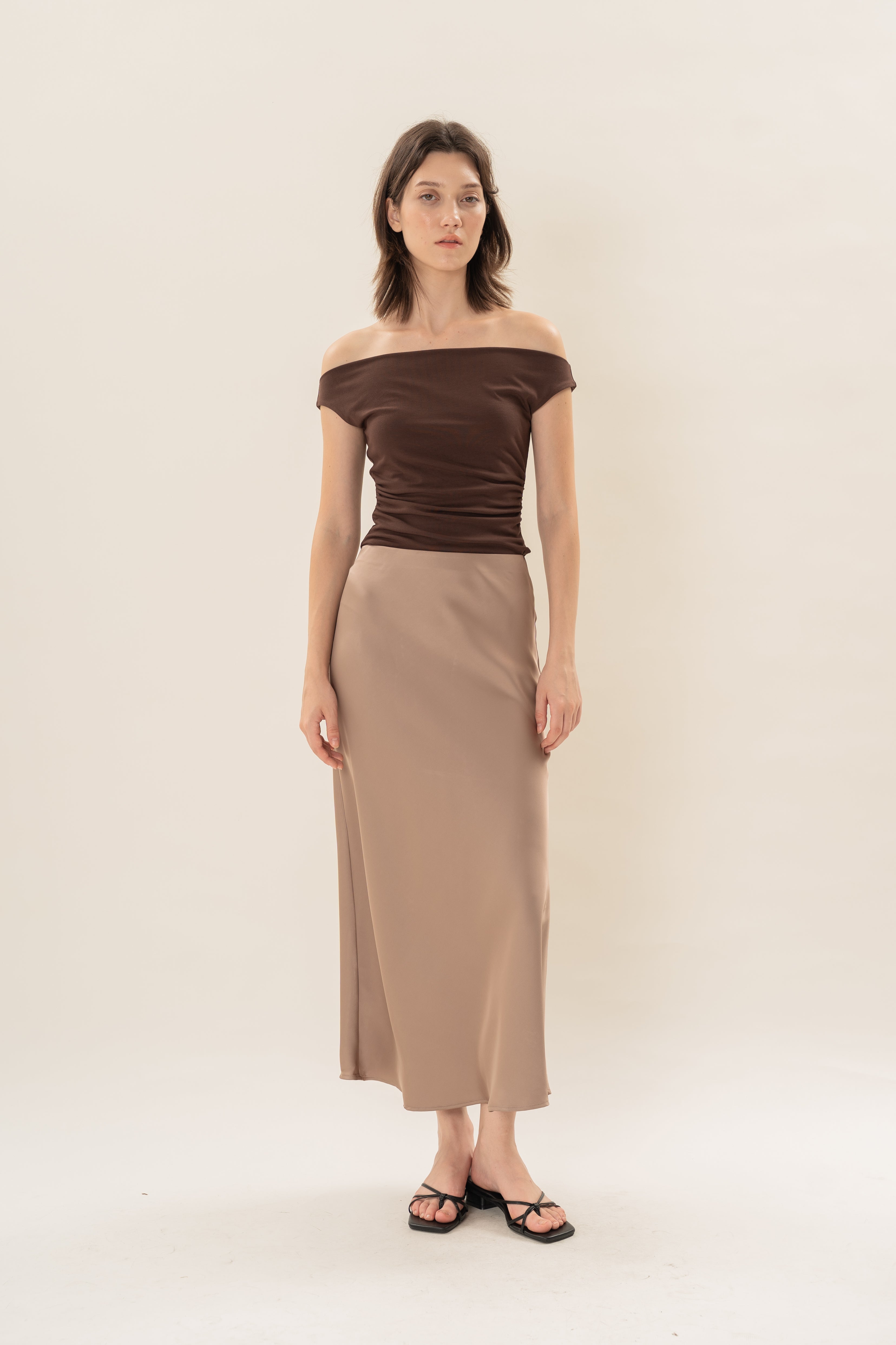 Satin Midi Slip Skirt in Brown