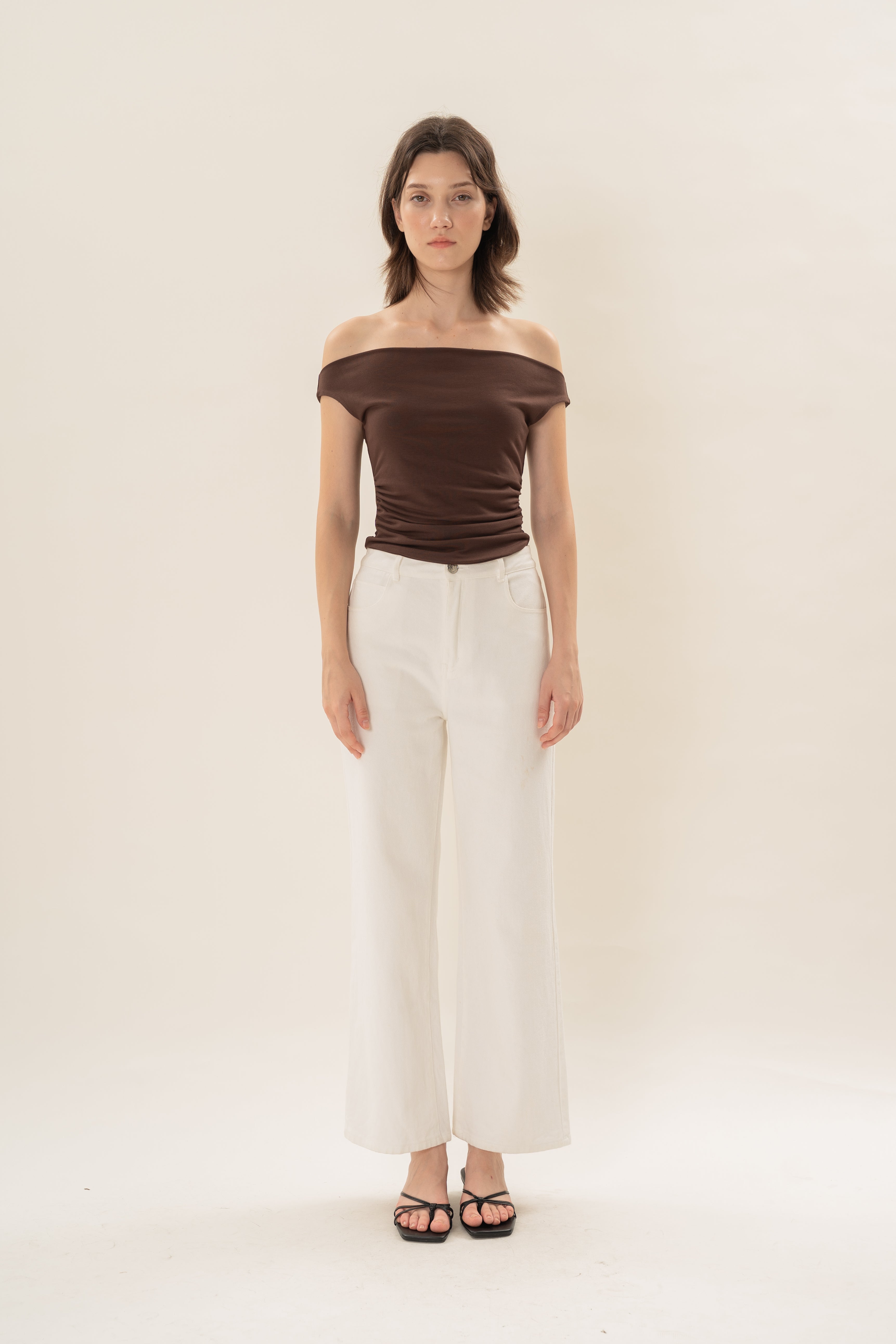Off Shoulder Ruched Waist Top in Dark Umber