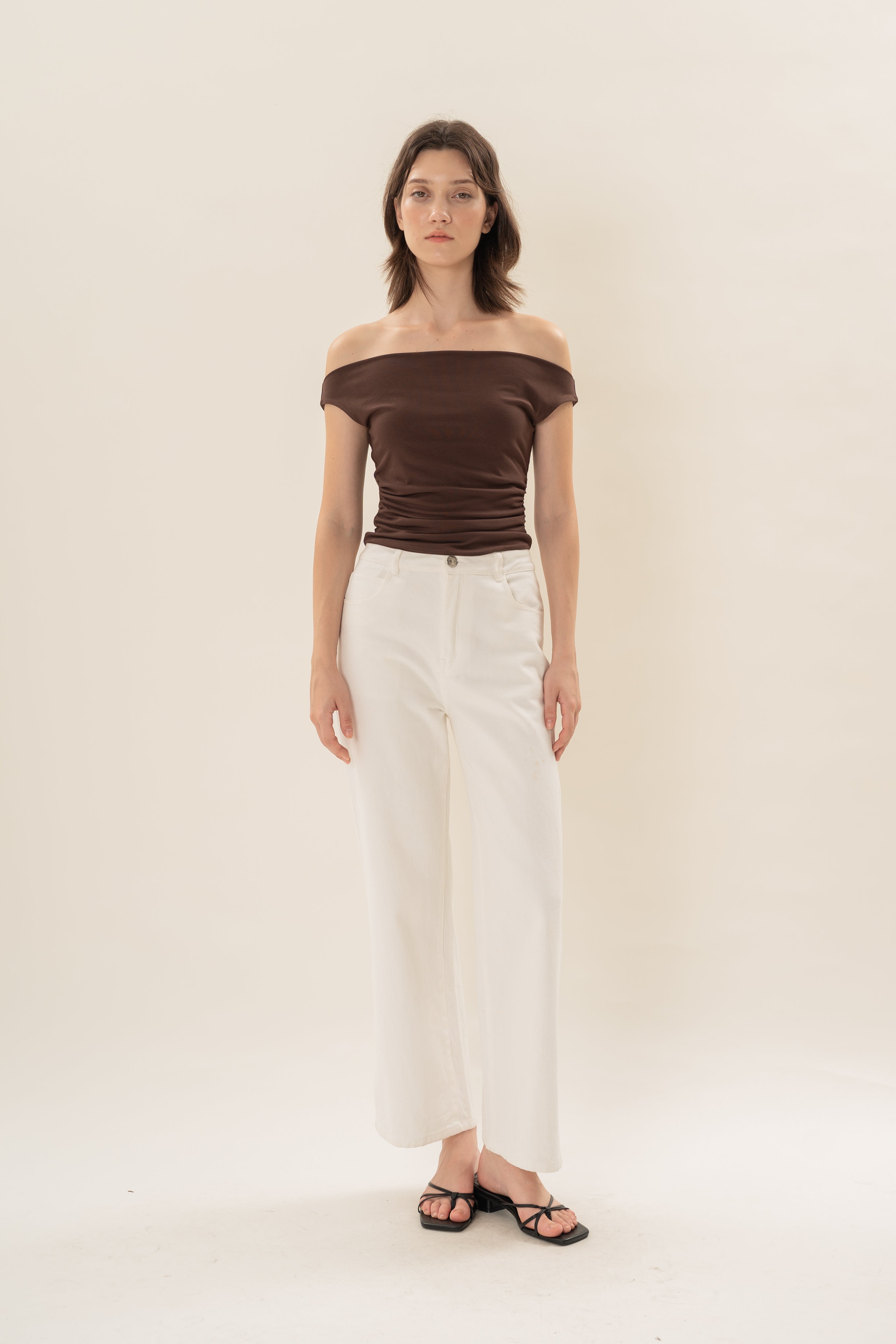 Off Shoulder Ruched Waist Top in Dark Umber