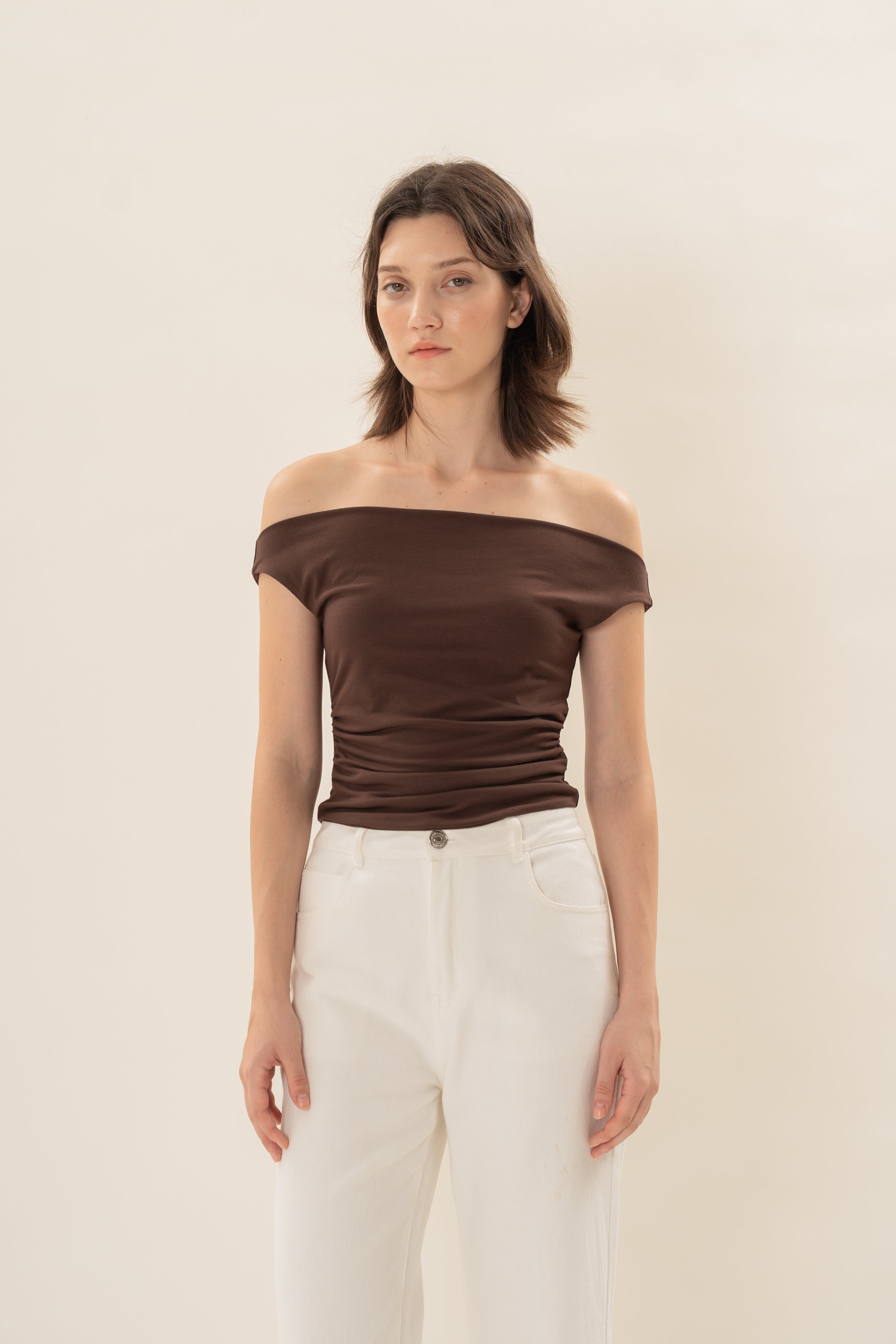Off Shoulder Ruched Waist Top in Dark Umber