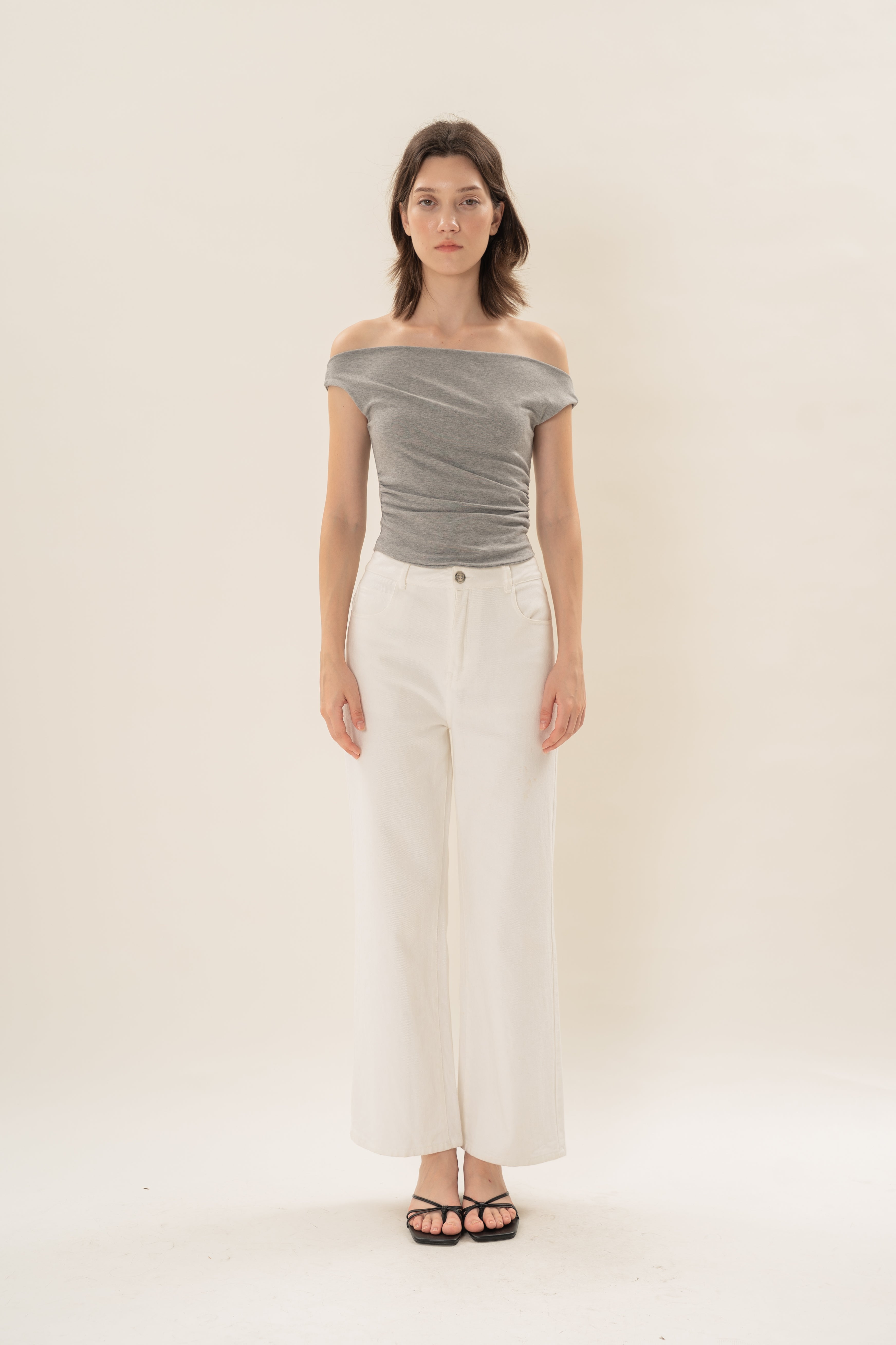 Off Shoulder Ruched Waist Top in Heather Grey