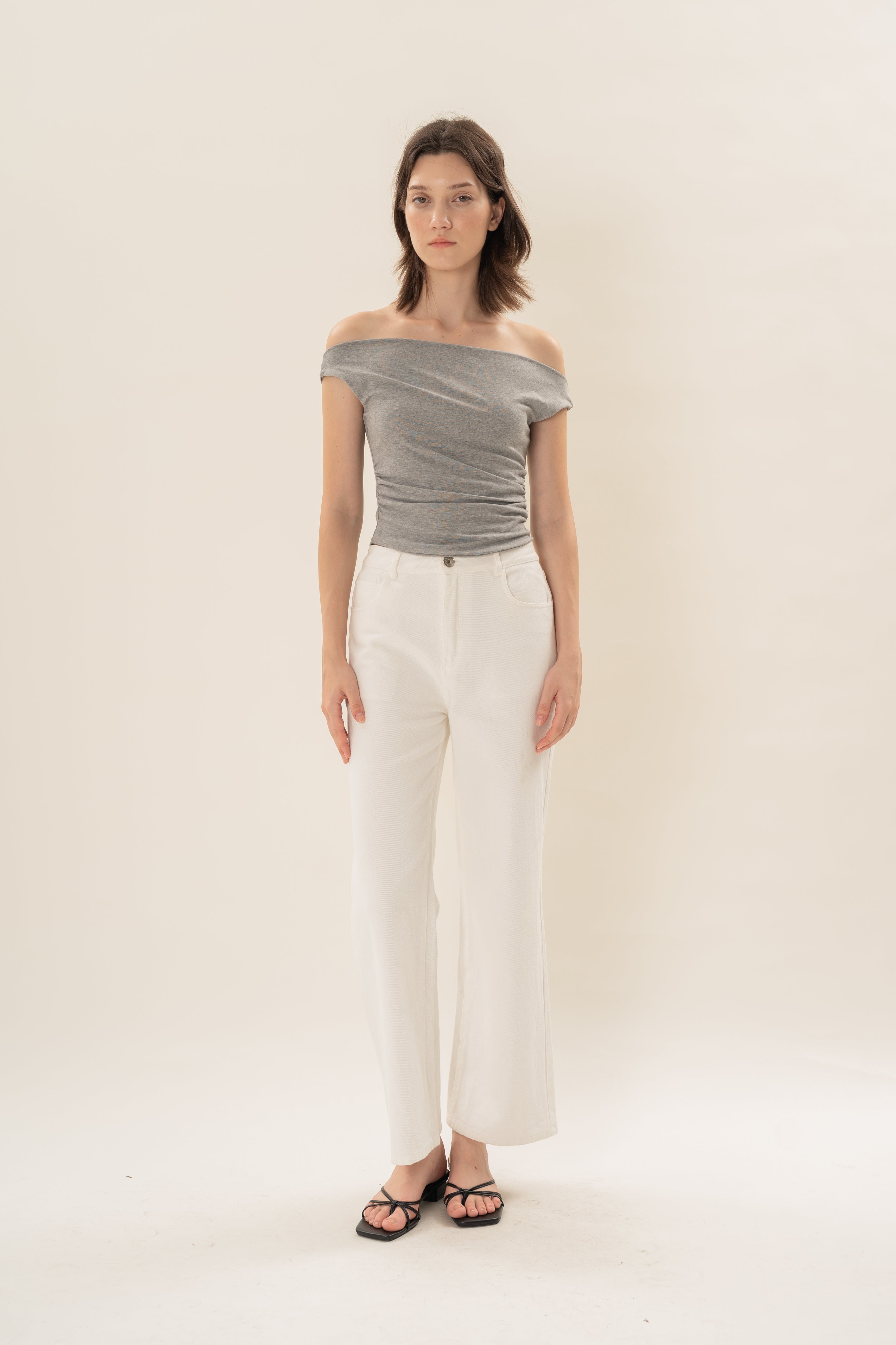 Off Shoulder Ruched Waist Top in Heather Grey