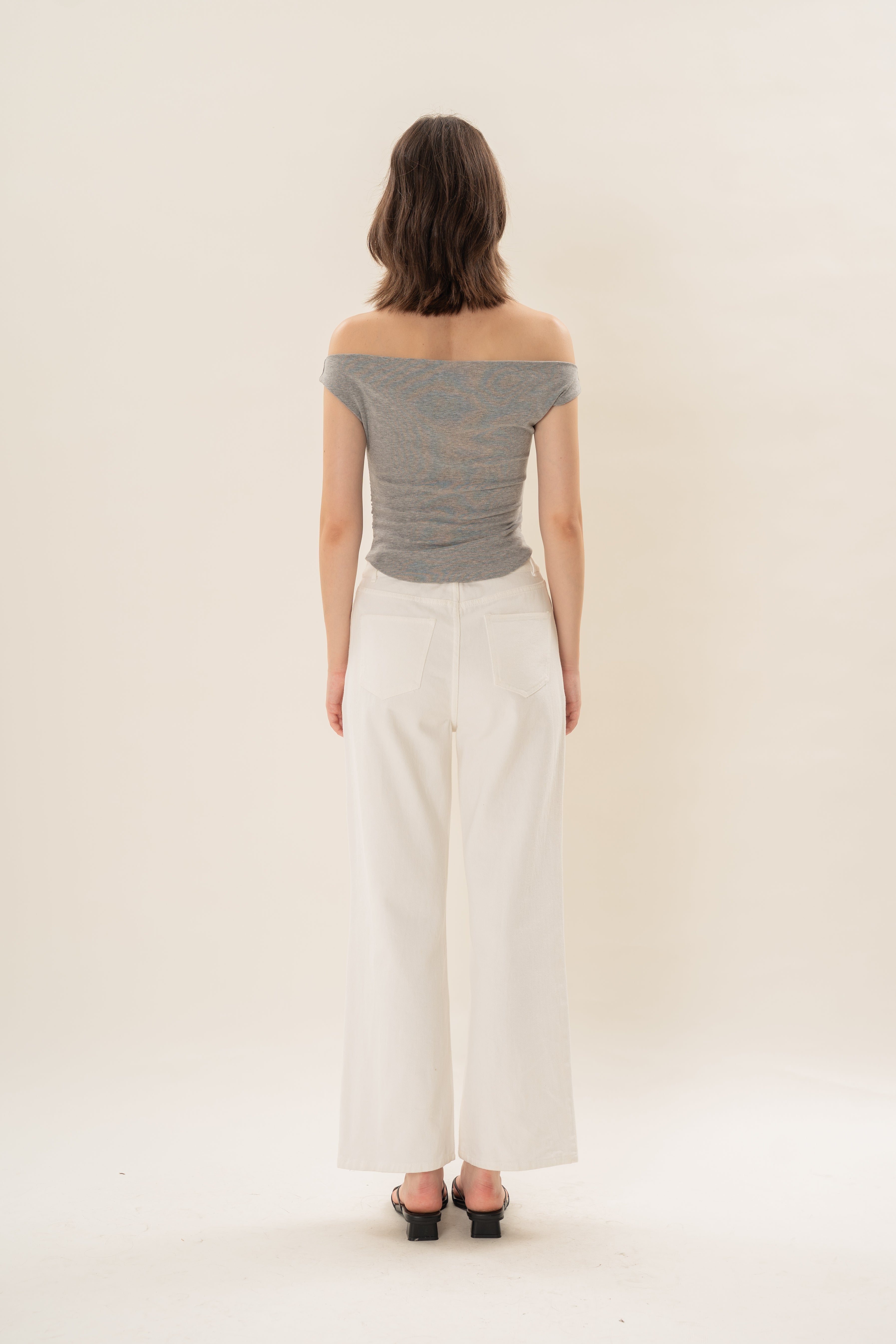 Off Shoulder Ruched Waist Top in Heather Grey