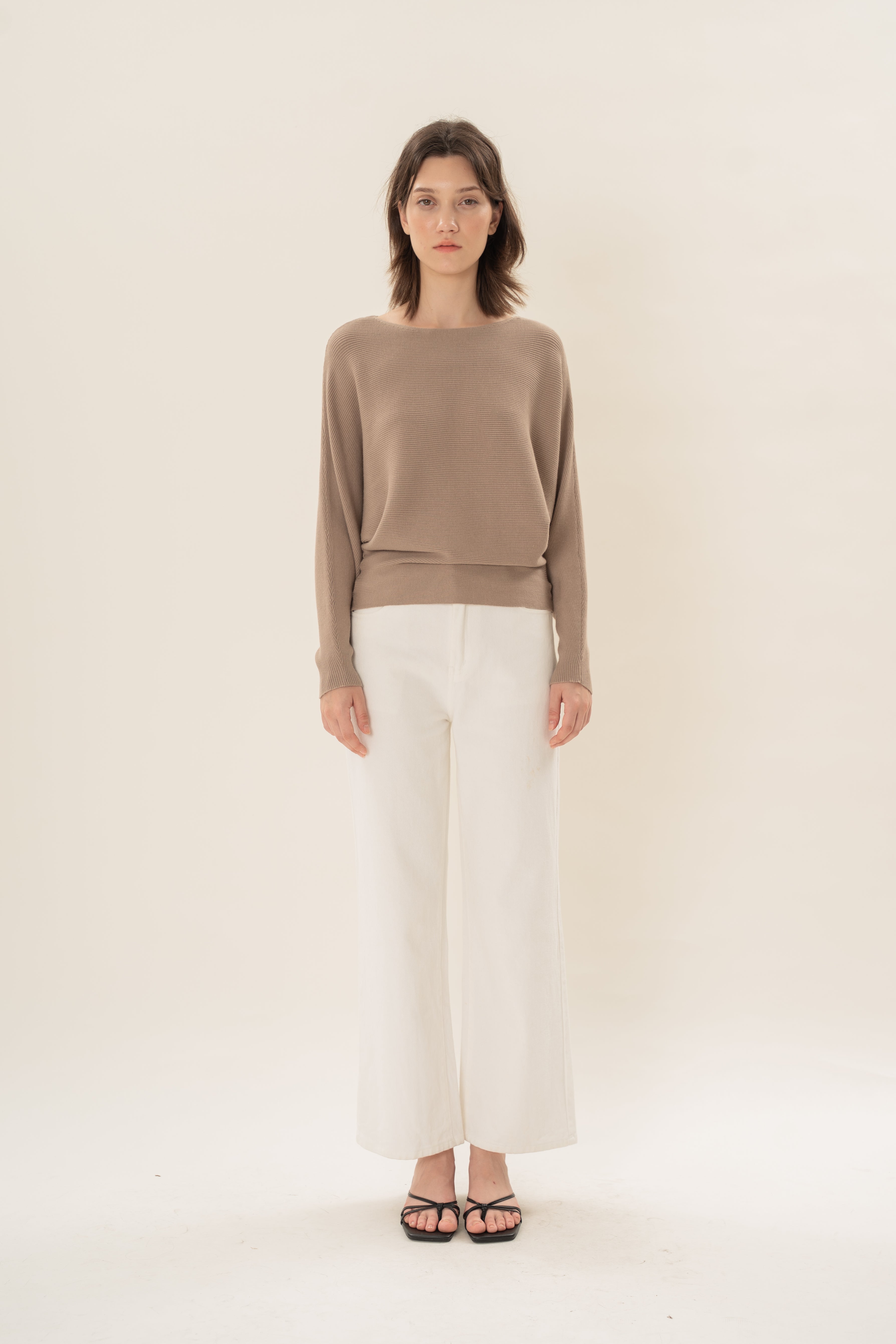 Boat Neck Knitted Long Sleeved Top in Taupe