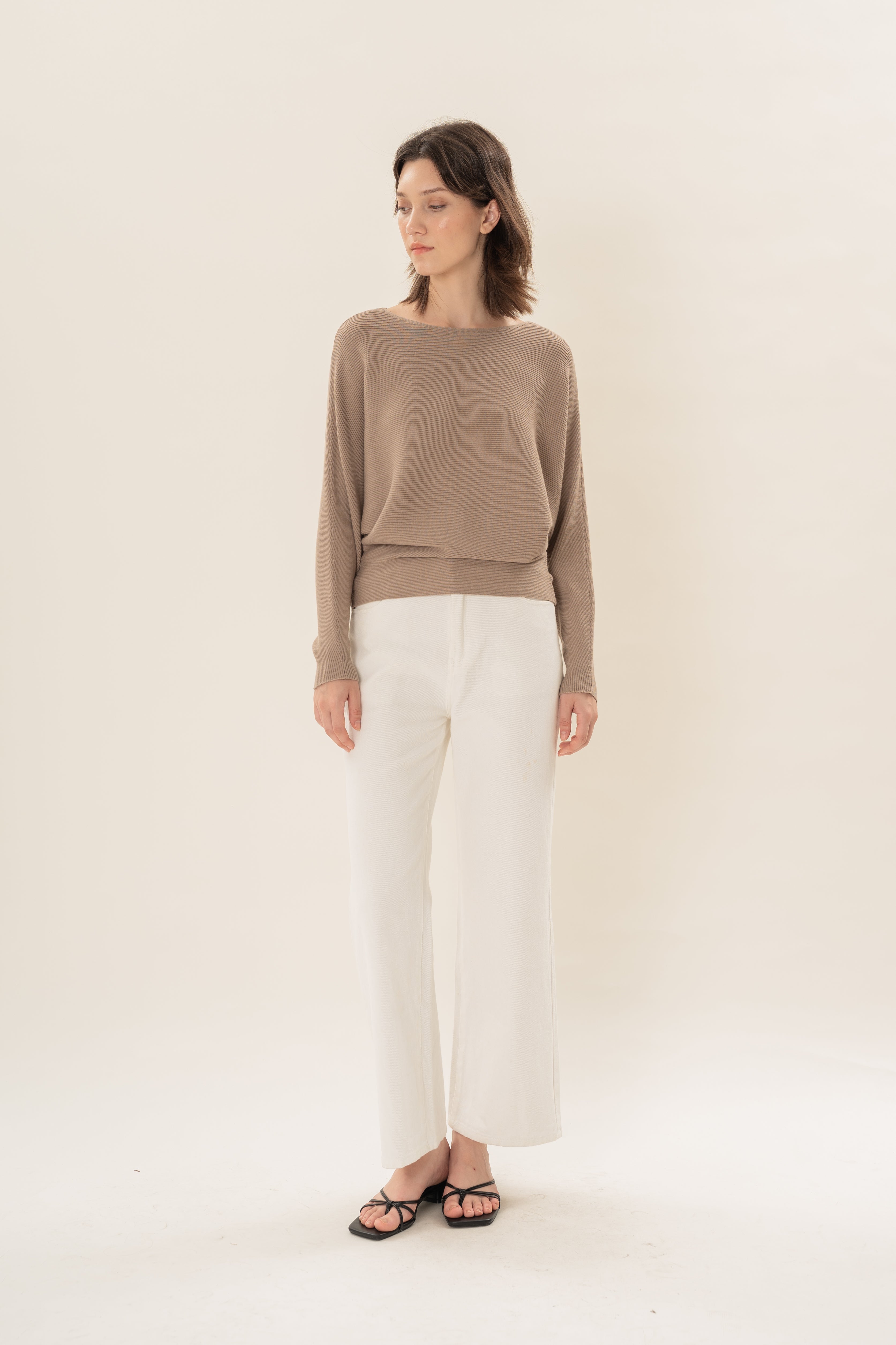 Boat Neck Knitted Long Sleeved Top in Taupe