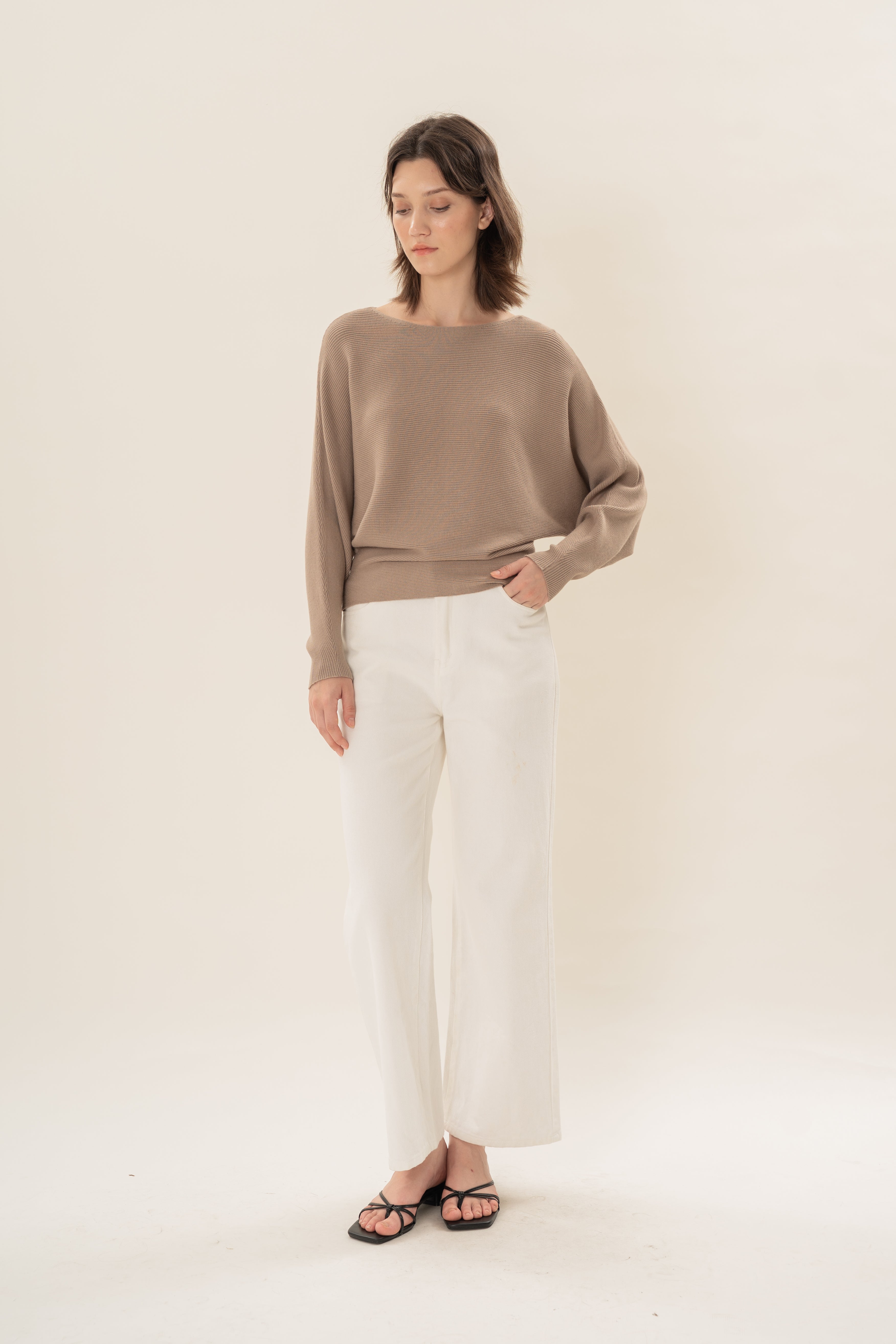 Boat Neck Knitted Long Sleeved Top in Taupe