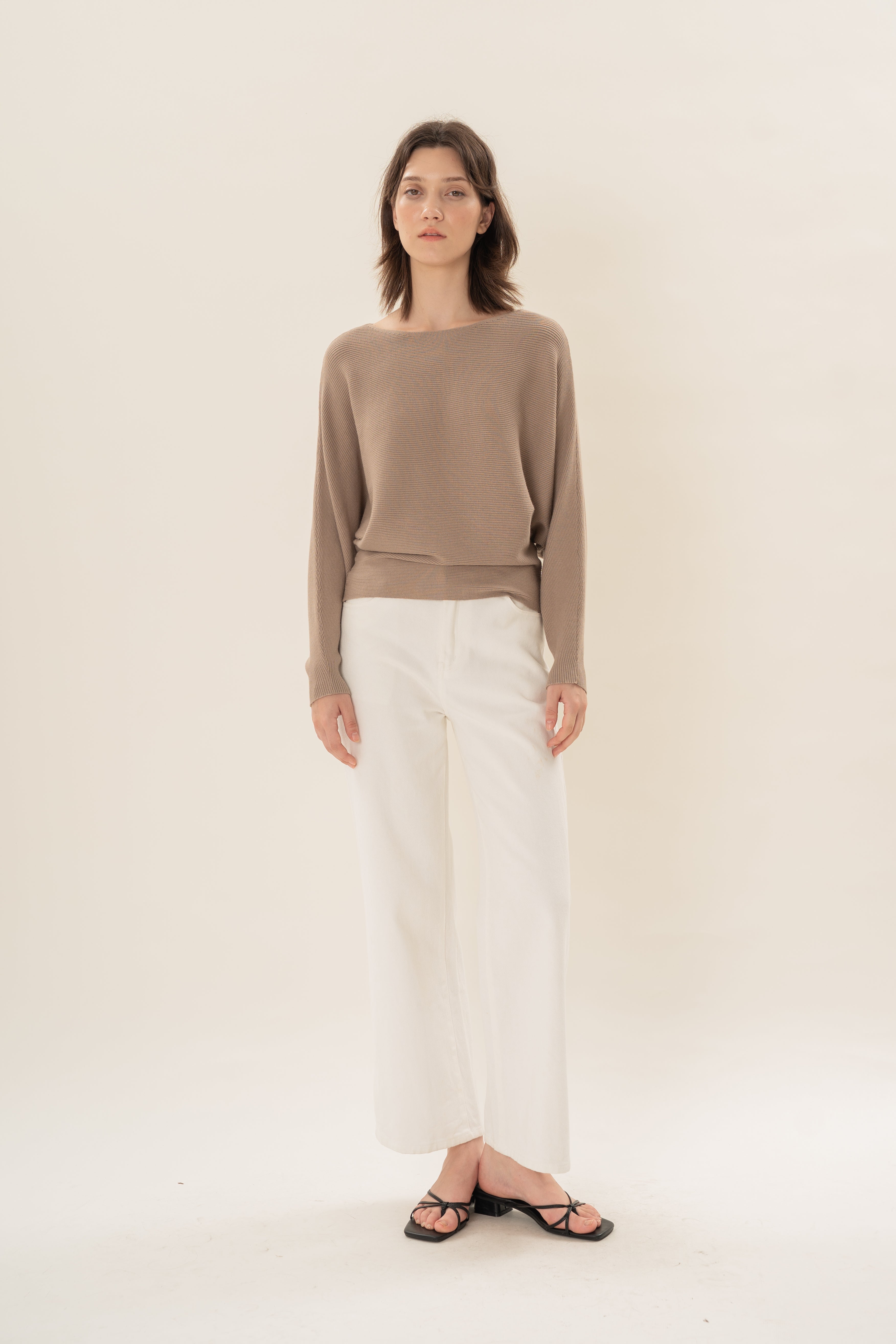 Boat Neck Knitted Long Sleeved Top in Taupe