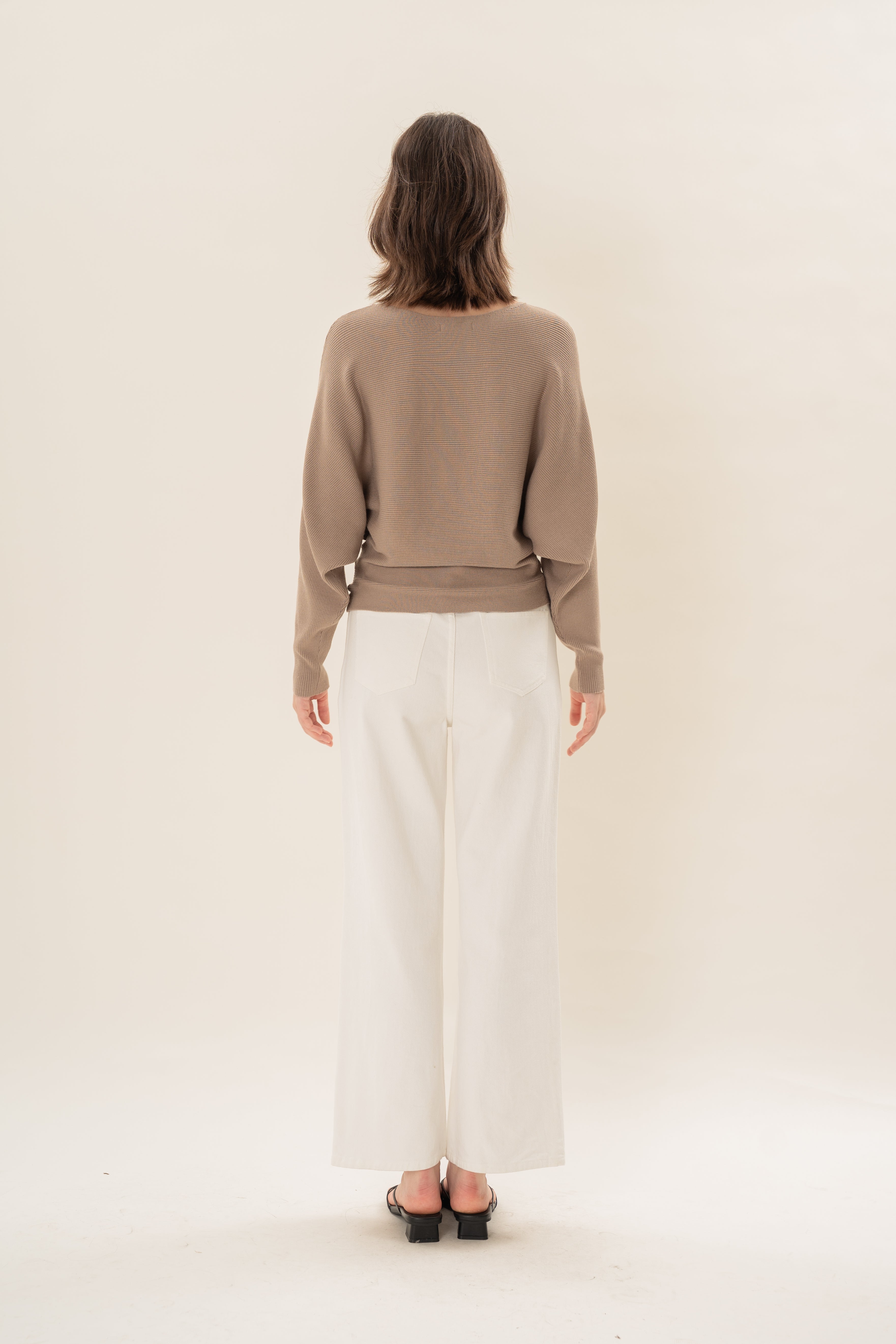 Boat Neck Knitted Long Sleeved Top in Taupe
