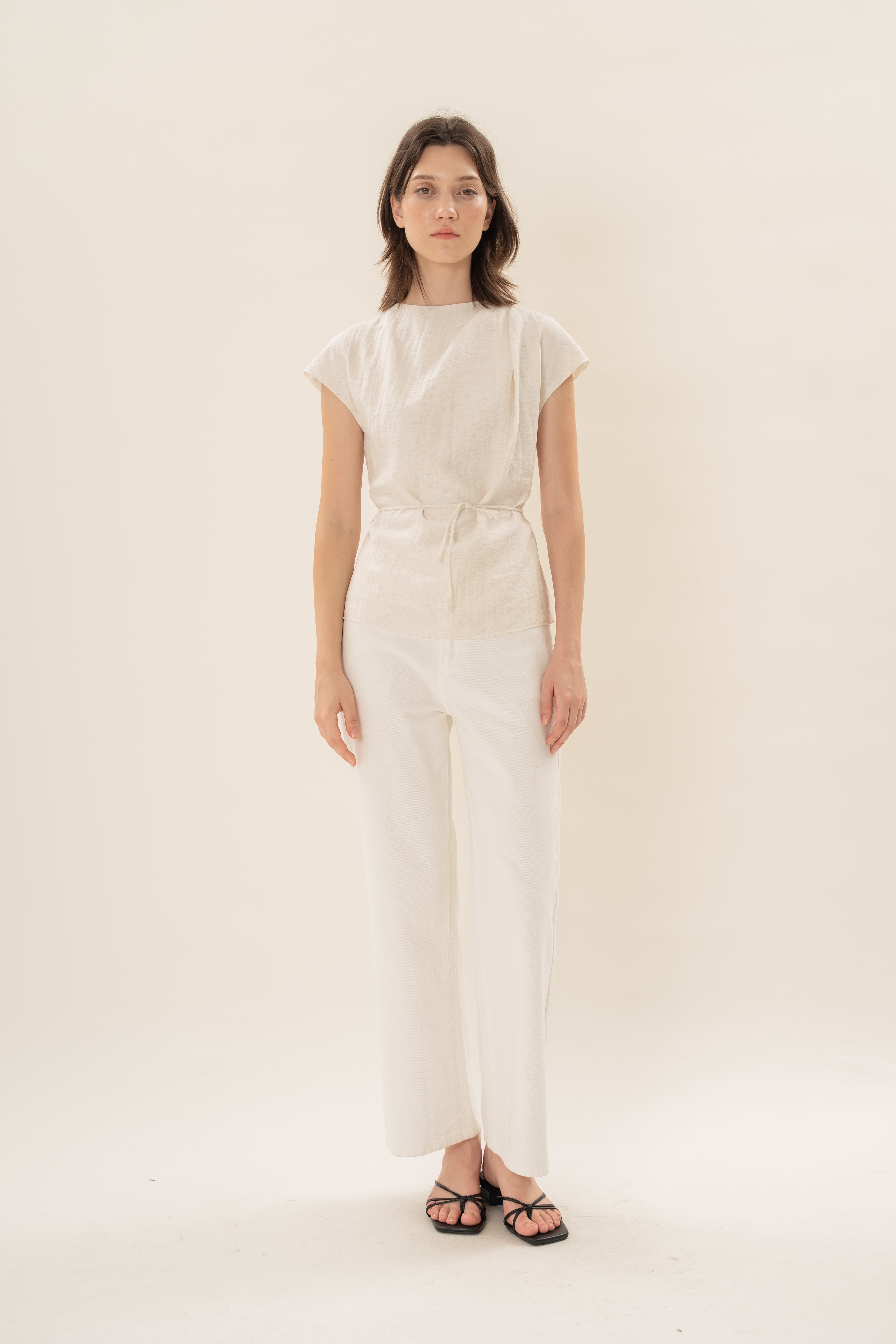 Pleated Shoulder Tie Top in Natural