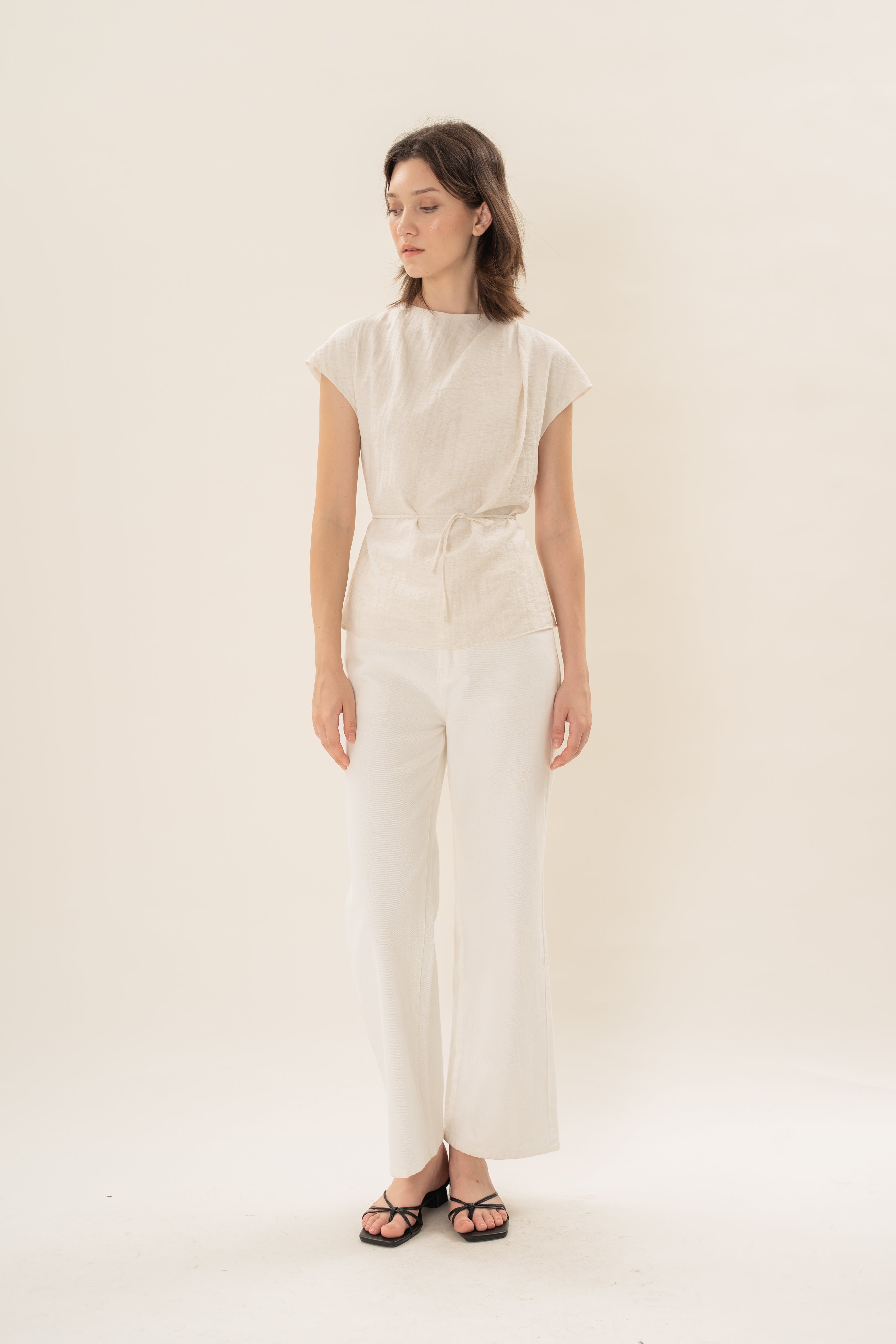 Pleated Shoulder Tie Top in Natural
