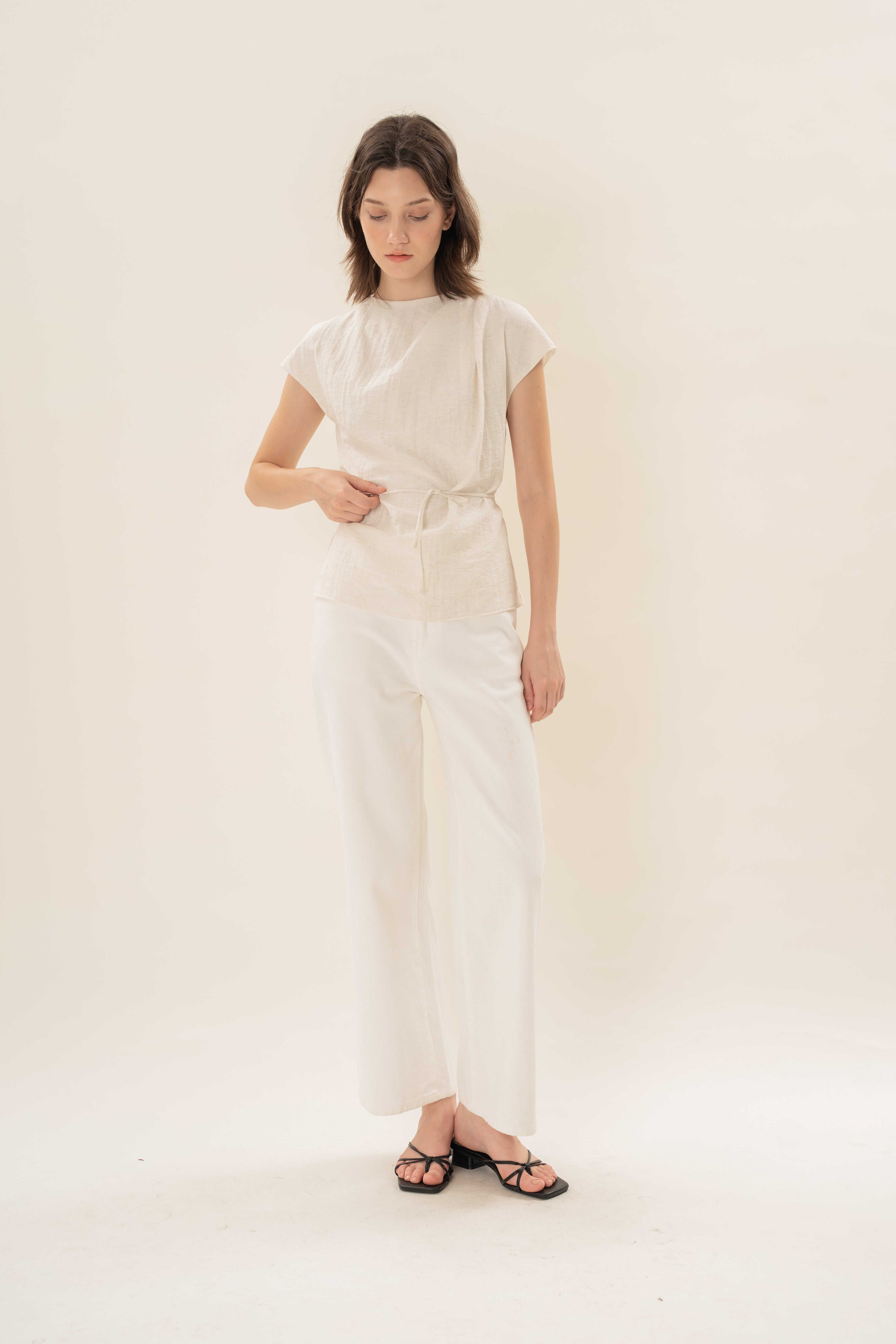 Pleated Shoulder Tie Top in Natural