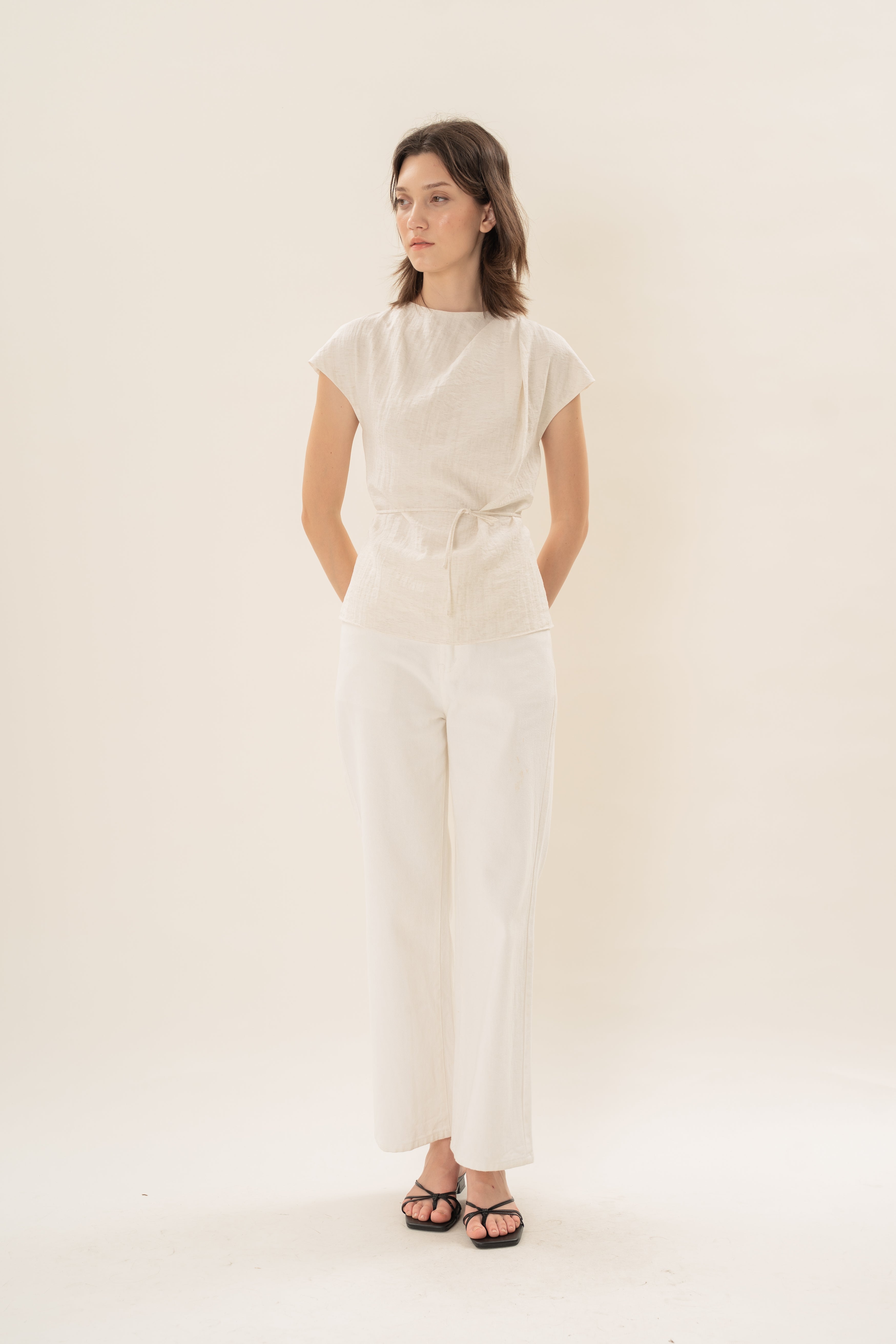 Pleated Shoulder Tie Top in Natural