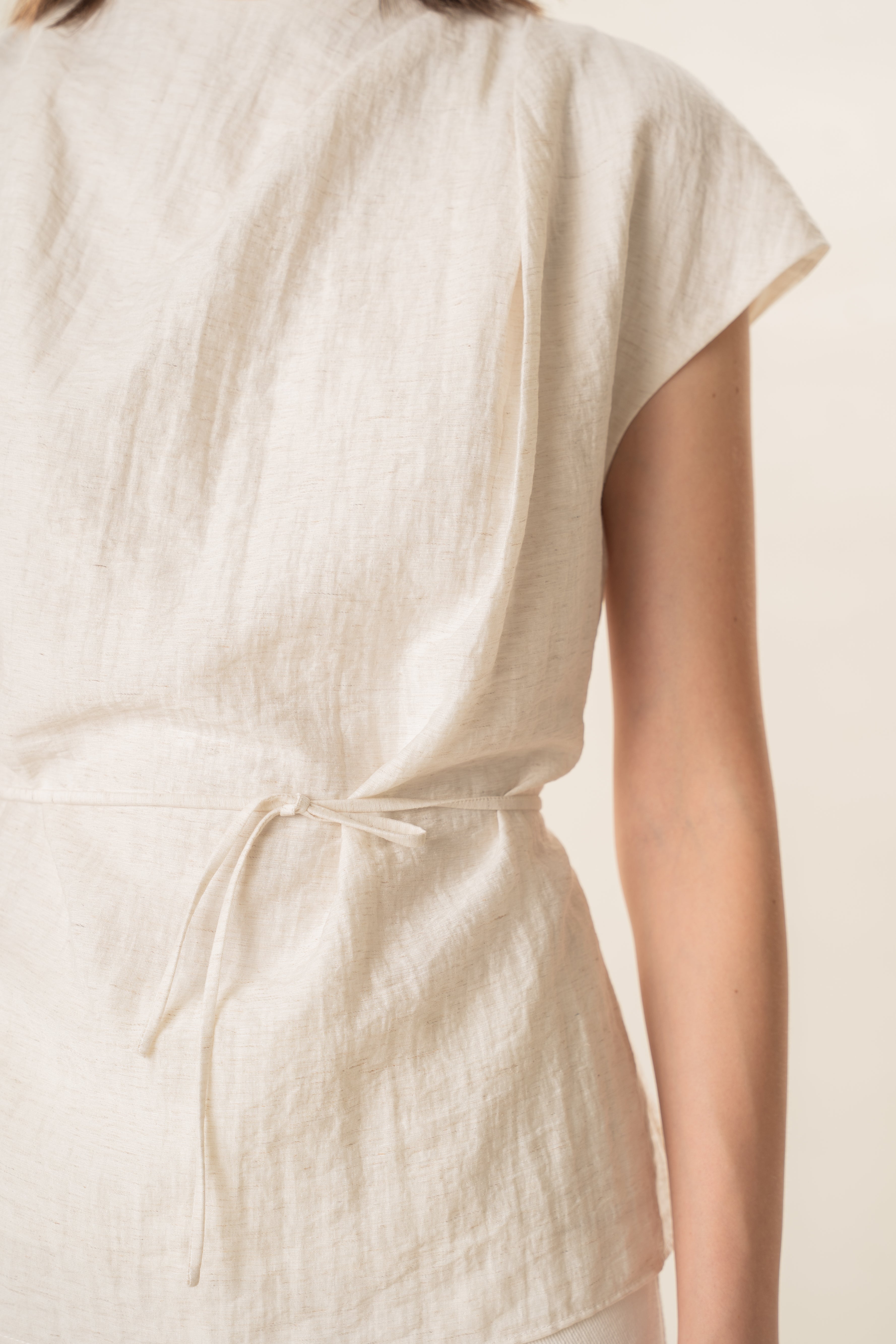 Pleated Shoulder Tie Top in Natural