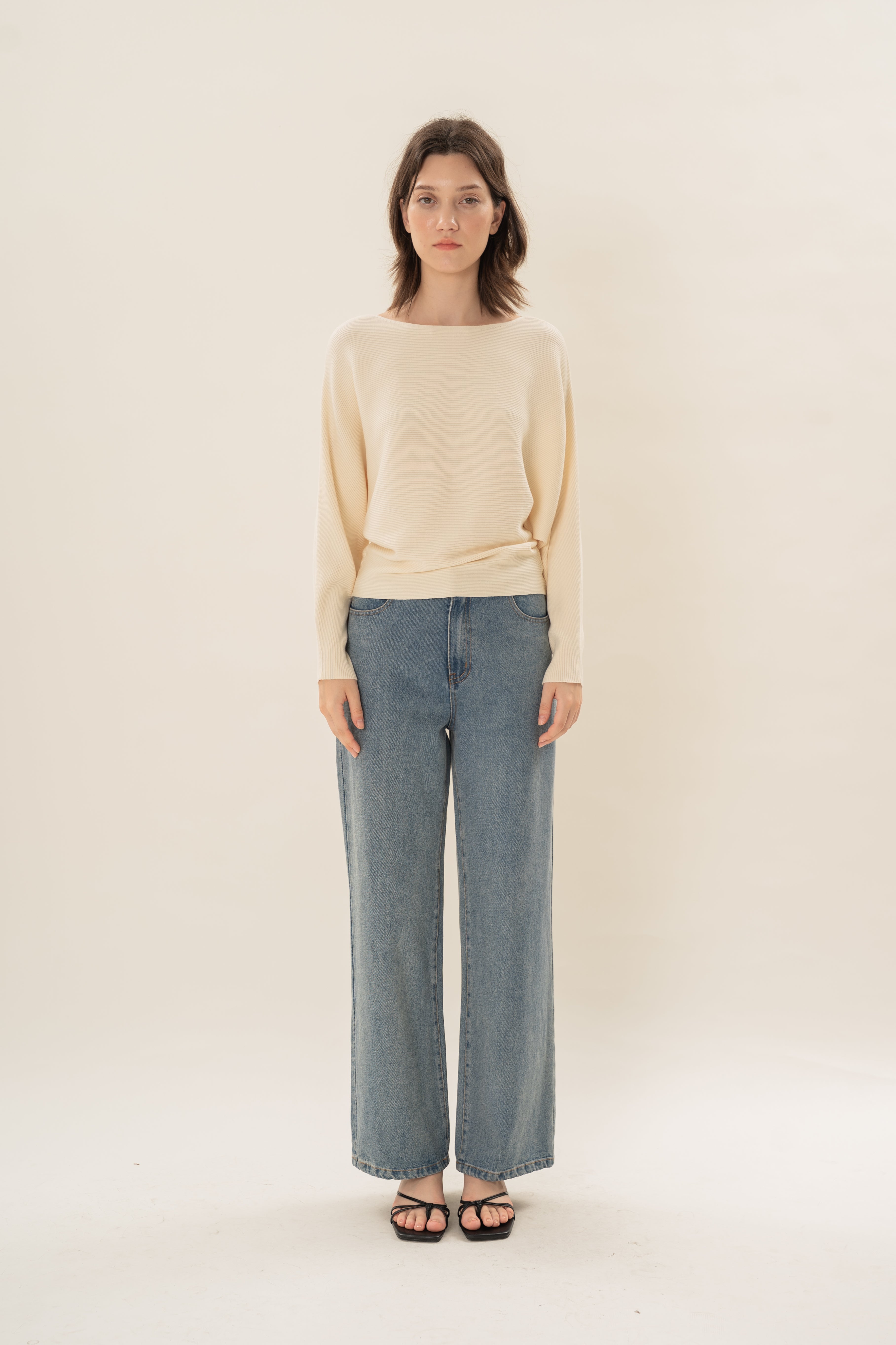 Boat Neck Knitted Long Sleeved Top in Natural