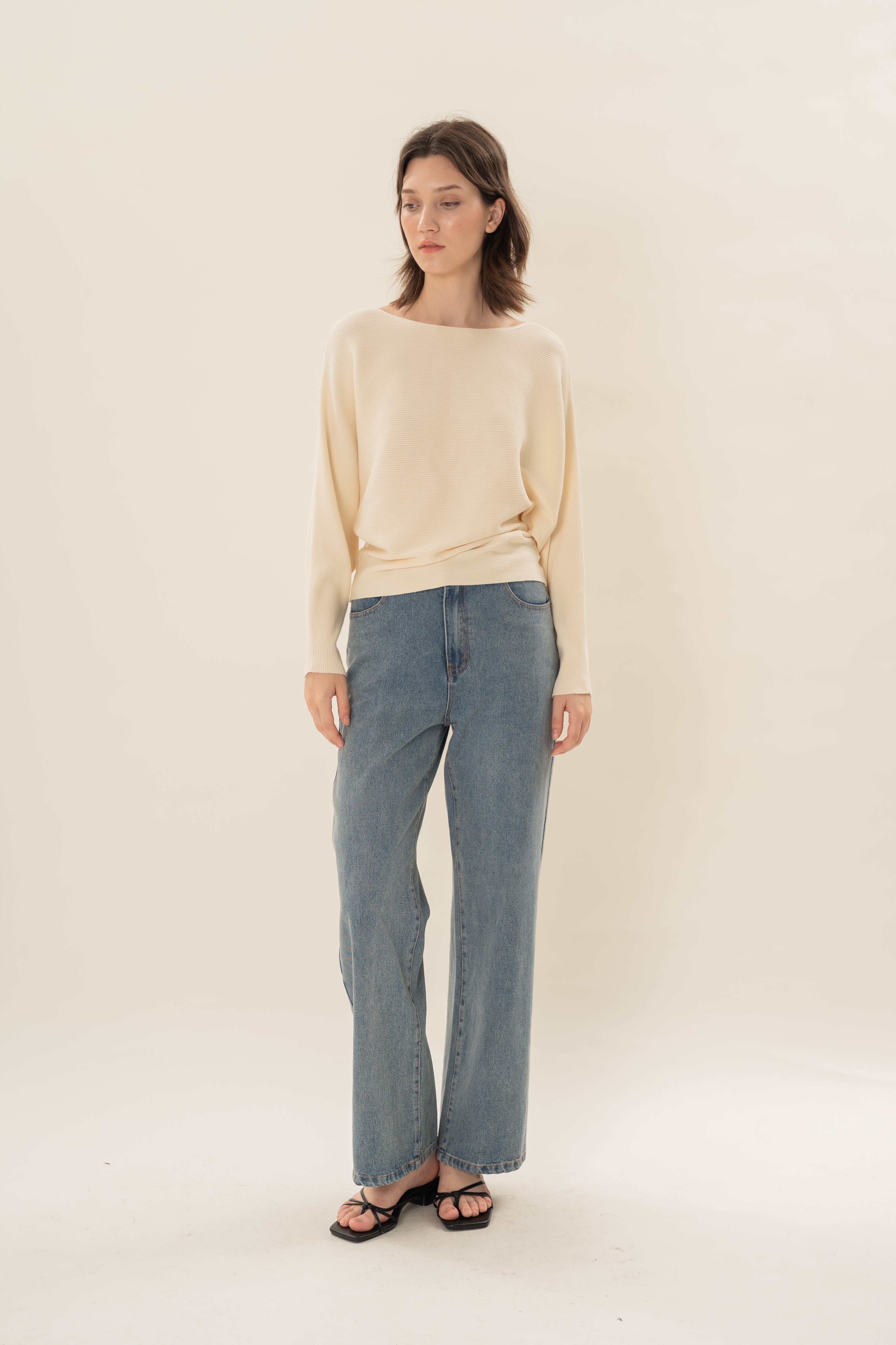 Boat Neck Knitted Long Sleeved Top in Natural