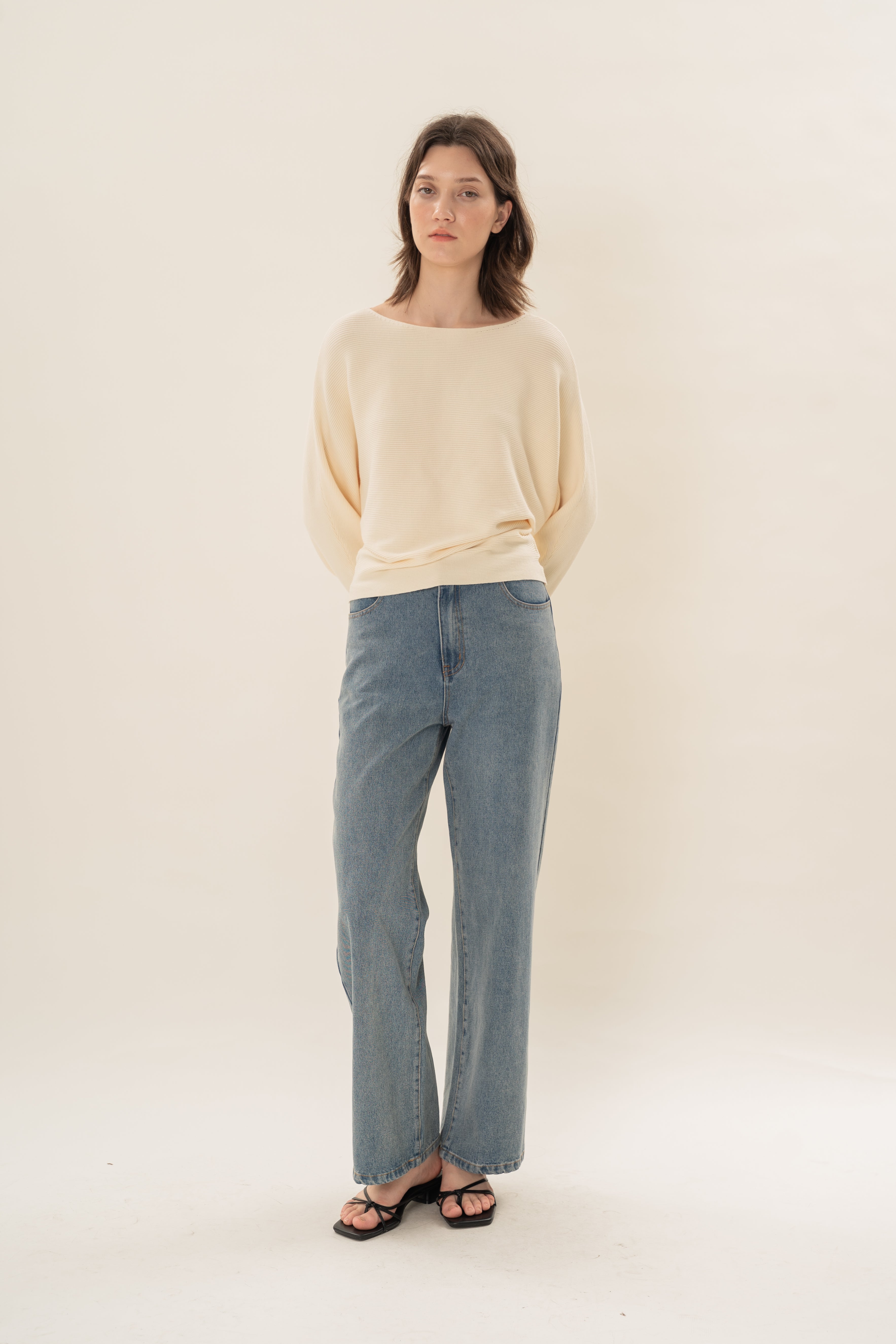Boat Neck Knitted Long Sleeved Top in Natural
