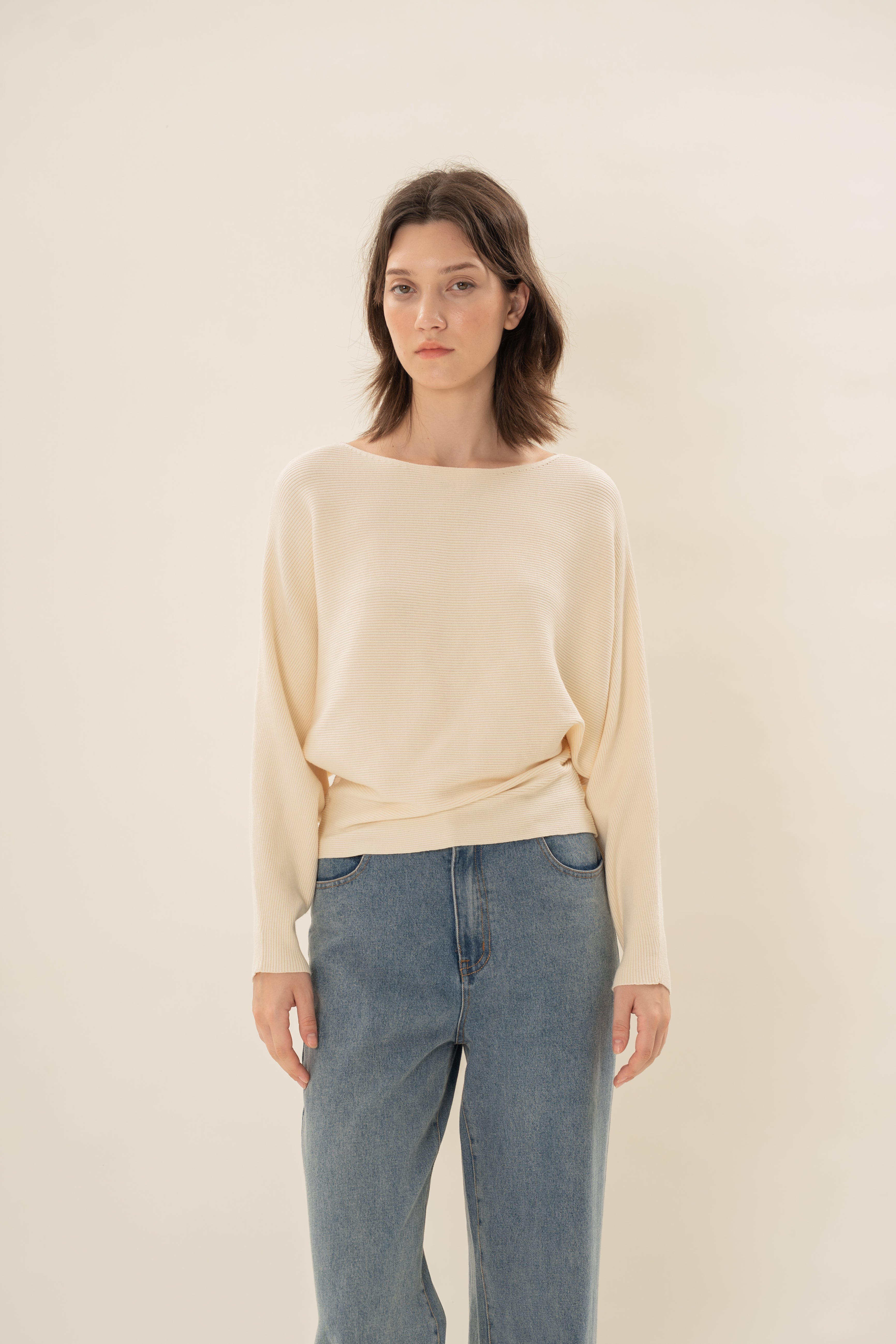 Boat Neck Knitted Long Sleeved Top in Natural