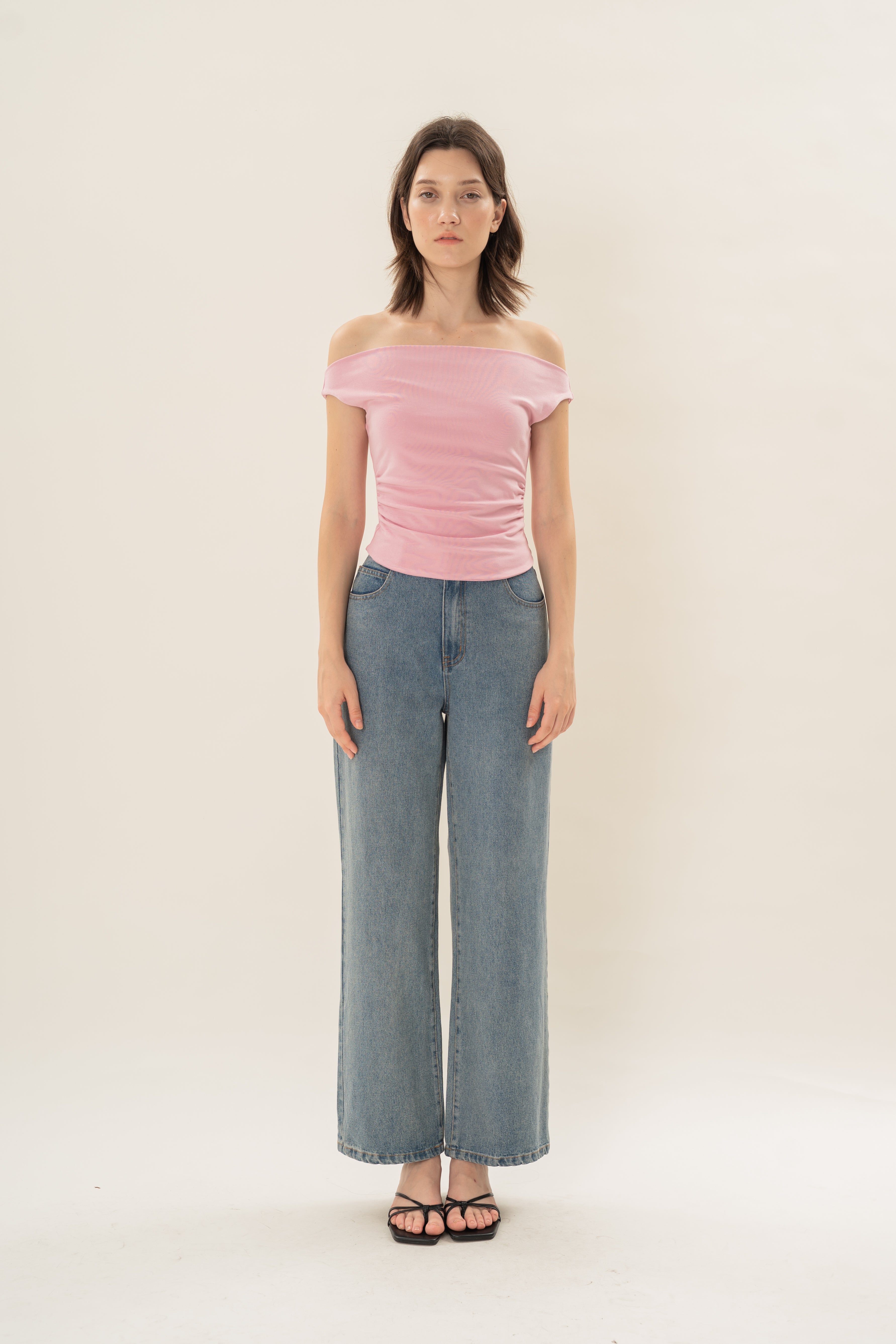 Off Shoulder Ruched Waist Top in Rosebloom