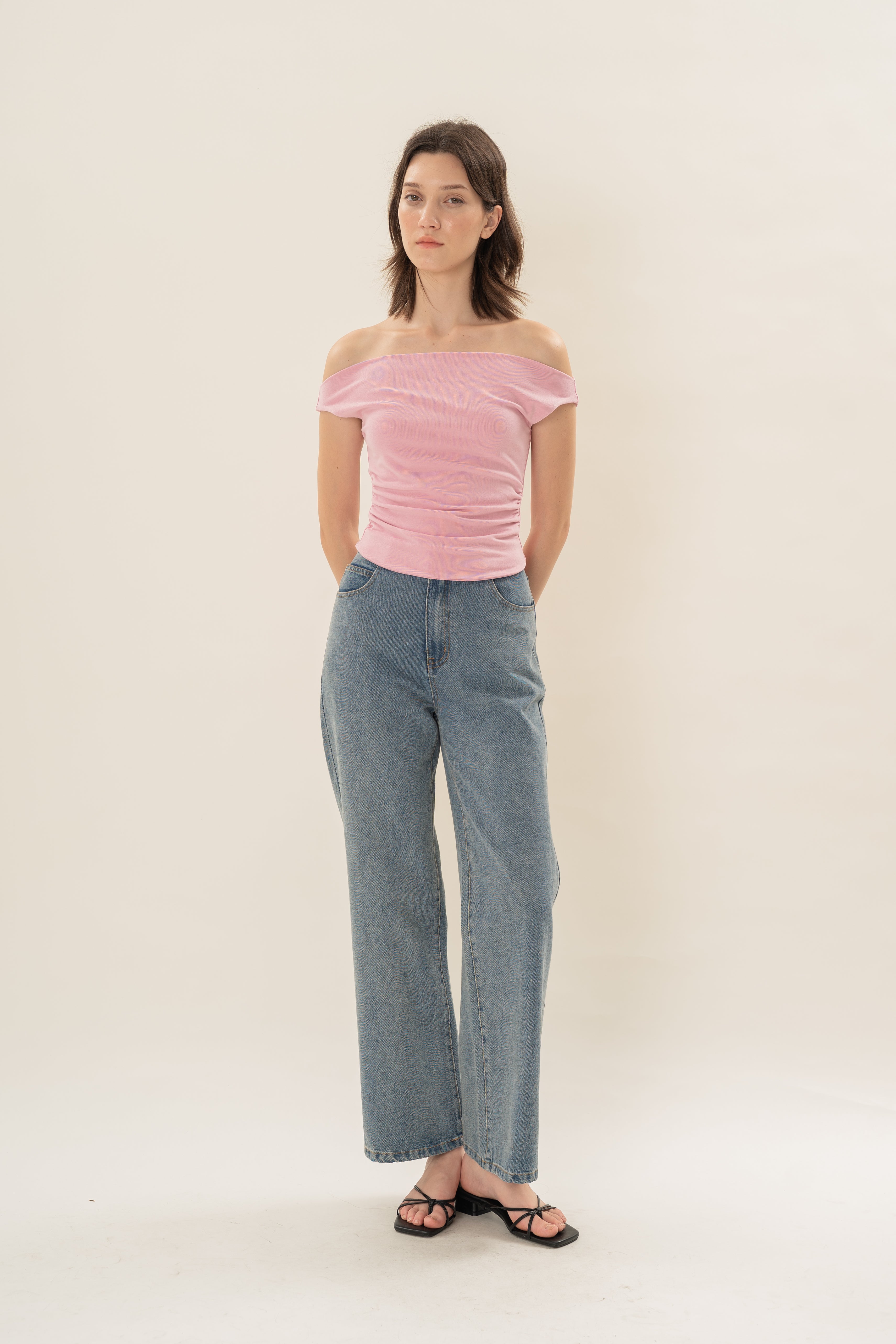 Off Shoulder Ruched Waist Top in Rosebloom