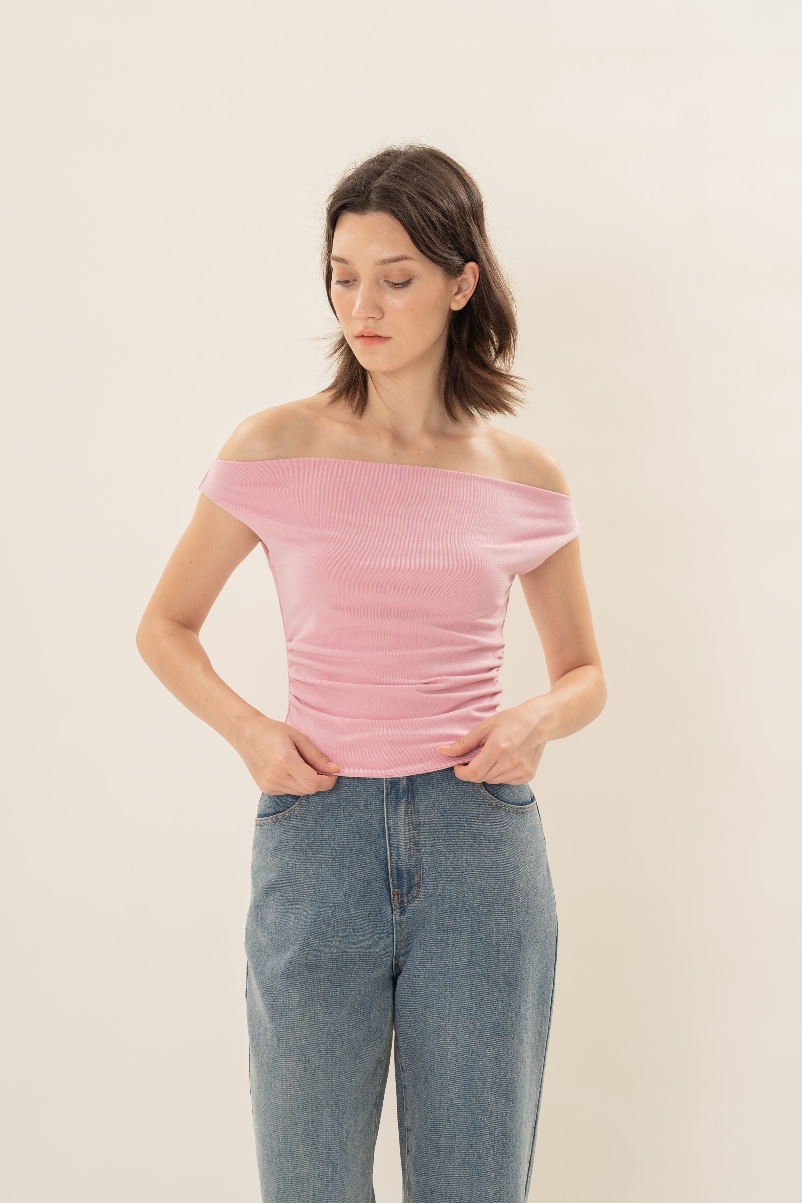 Off Shoulder Ruched Waist Top in Rosebloom