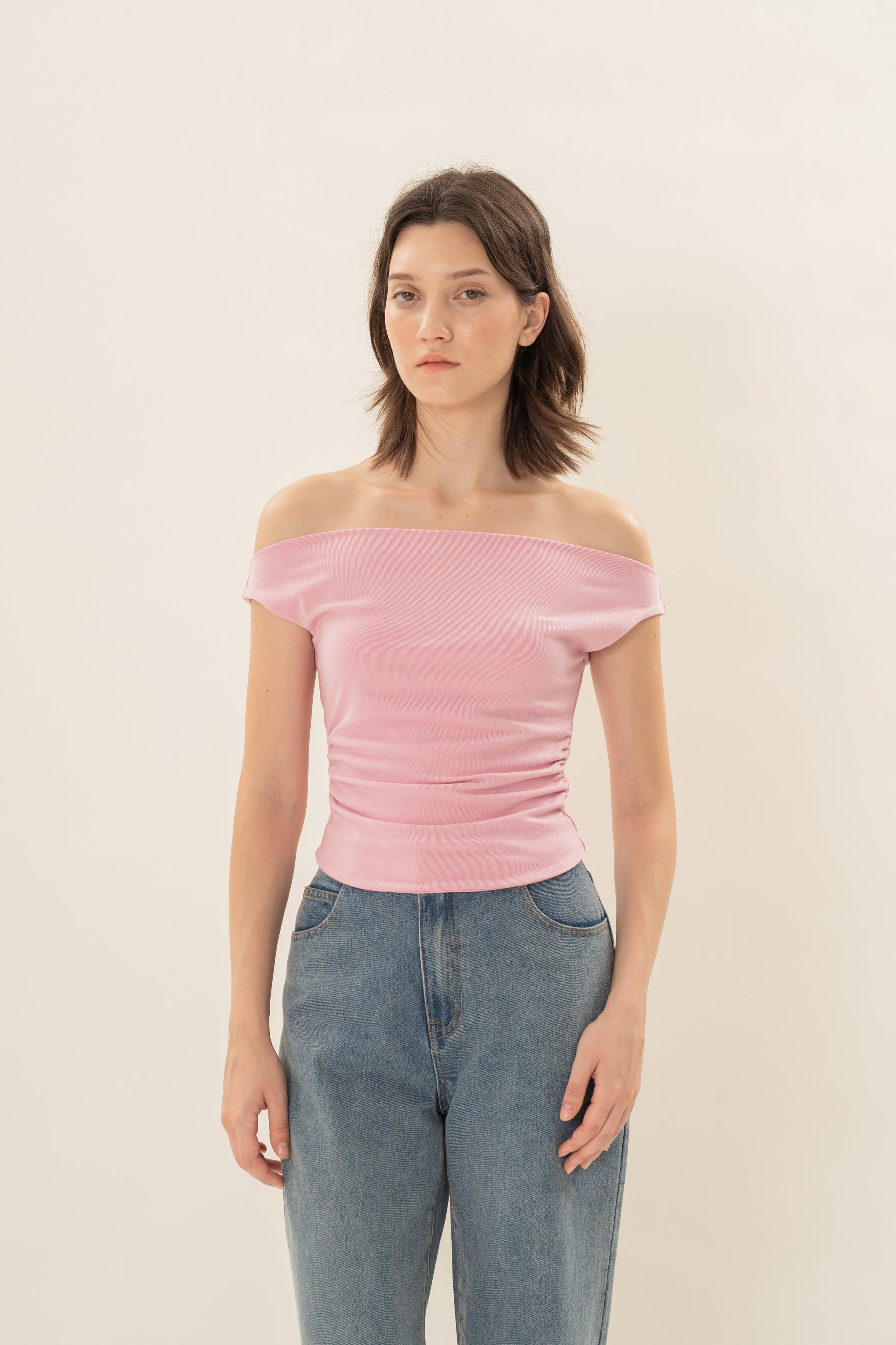 Off Shoulder Ruched Waist Top in Rosebloom