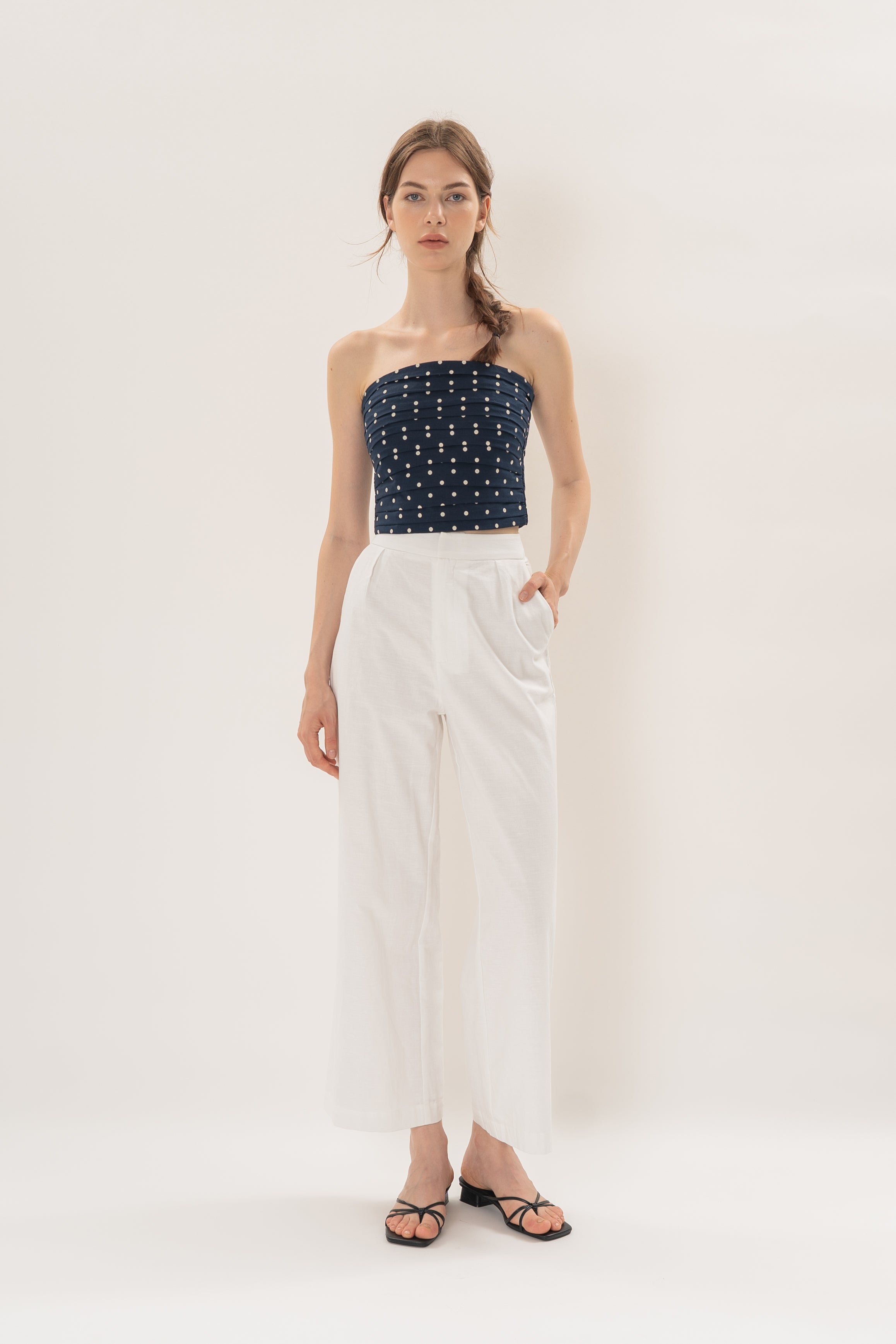 Ruched Bandeau Padded Top in Ivory Dot