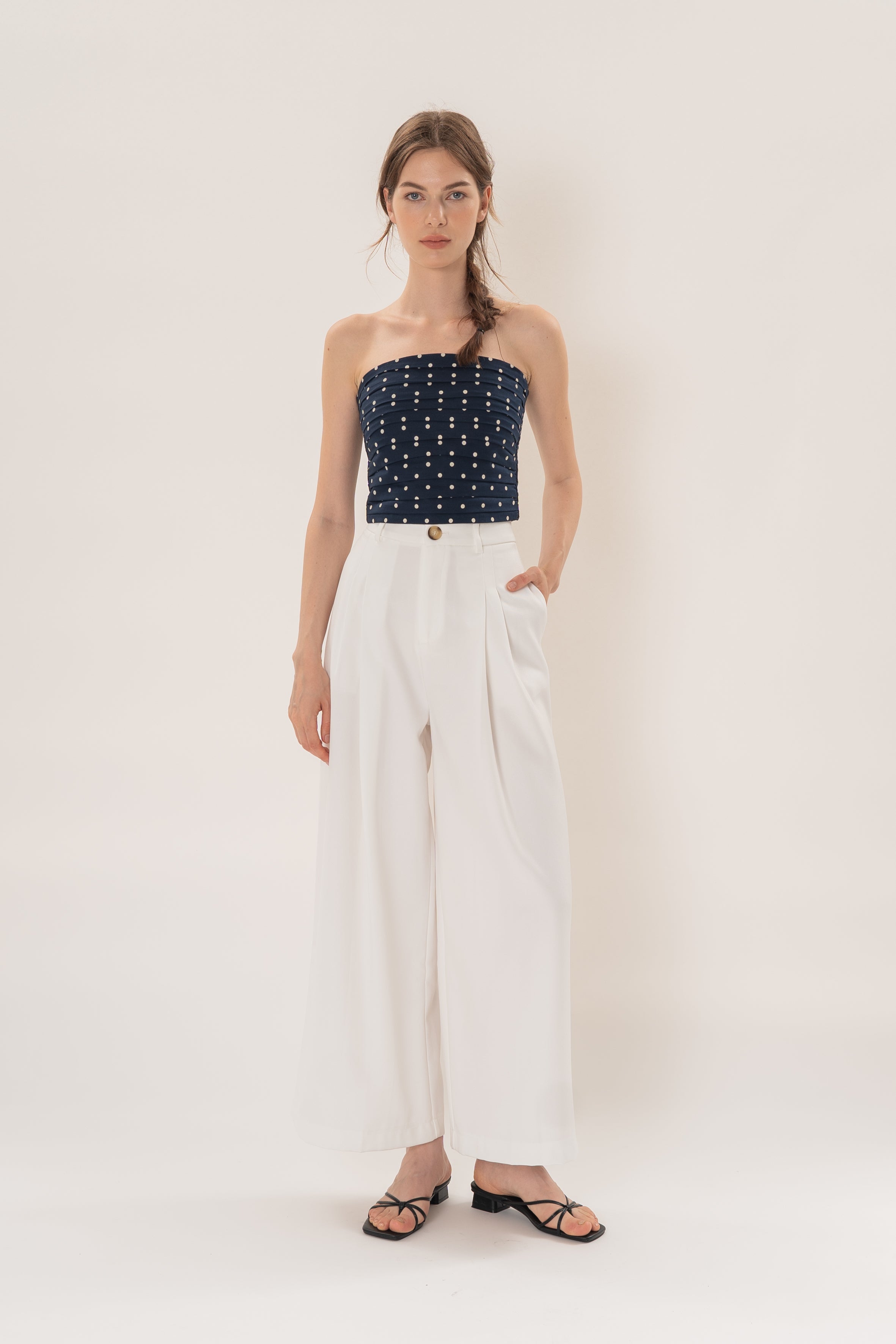 Linear Pleat Wide-Leg Trousers in White